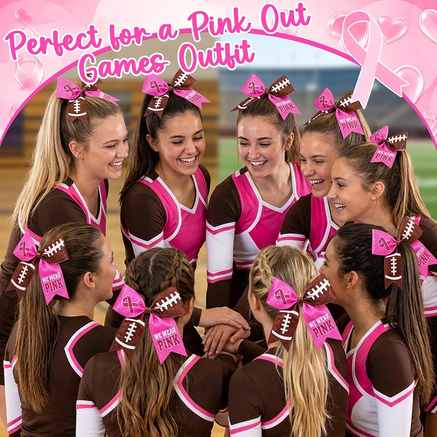 24 Pcs Breast Cancer Awareness Cheer Bows 7'' Football Hair Ties