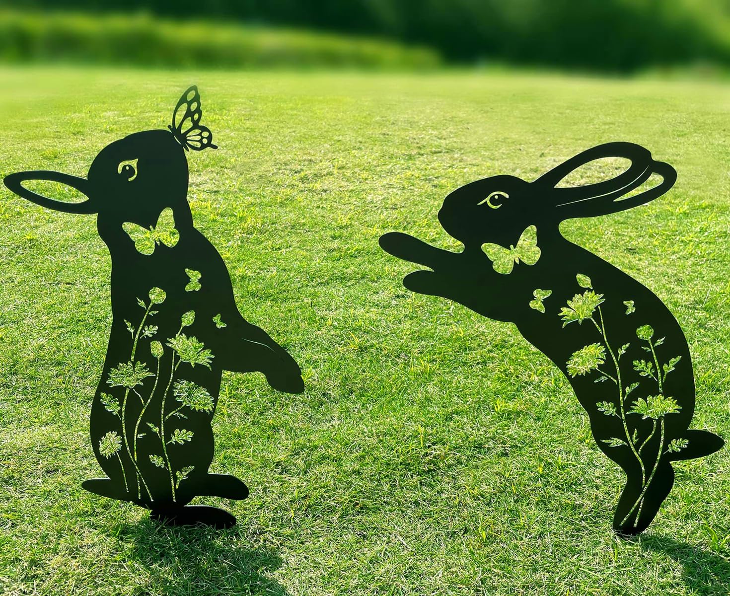QBMYCN Rabbit Metal Garden Stakes Decorative,2 Pack Black Jump Rabbit Silhouette Statues,for Yard Garden