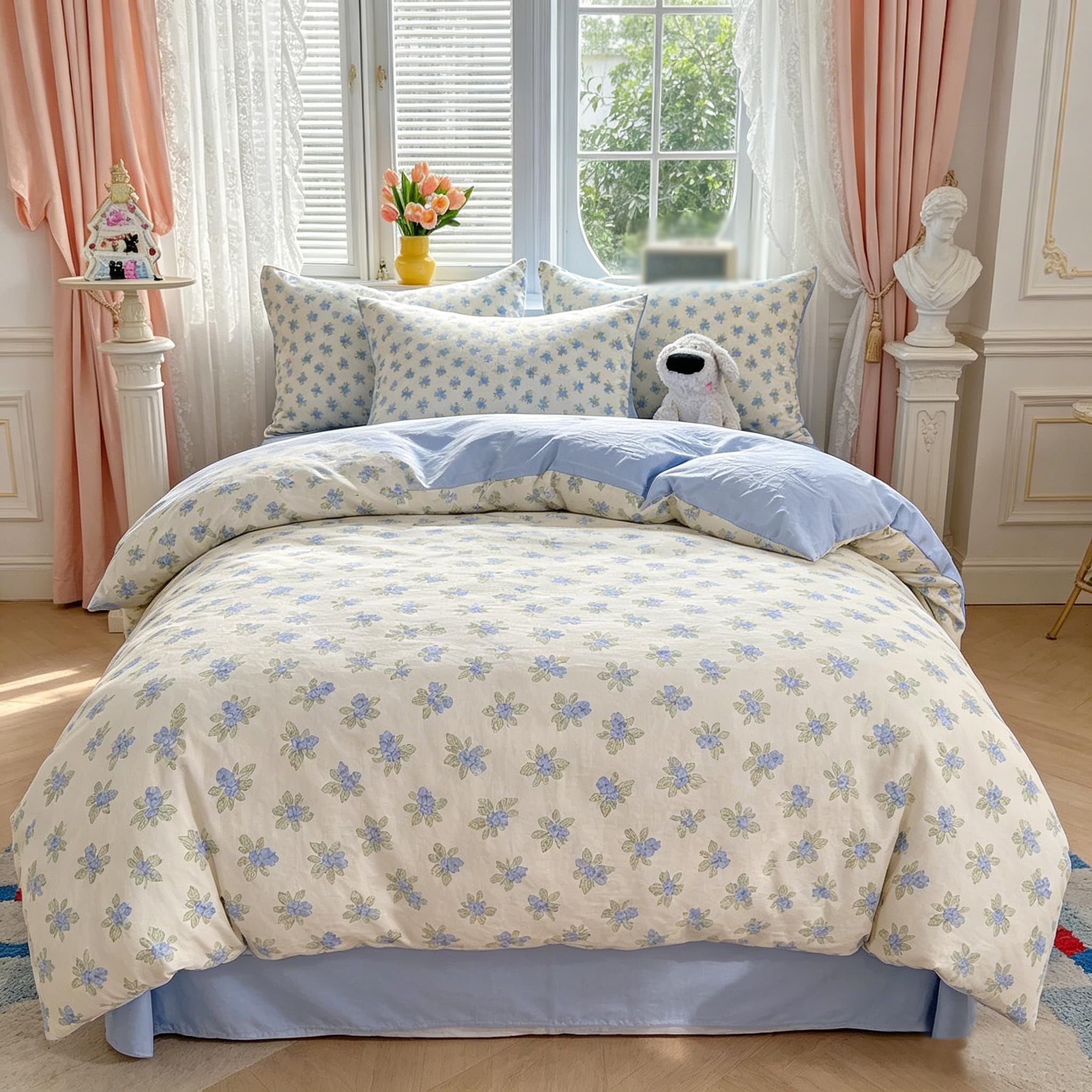 Housse de couette florale bleue style champêtre 260x240 pour une chambre lumineuse