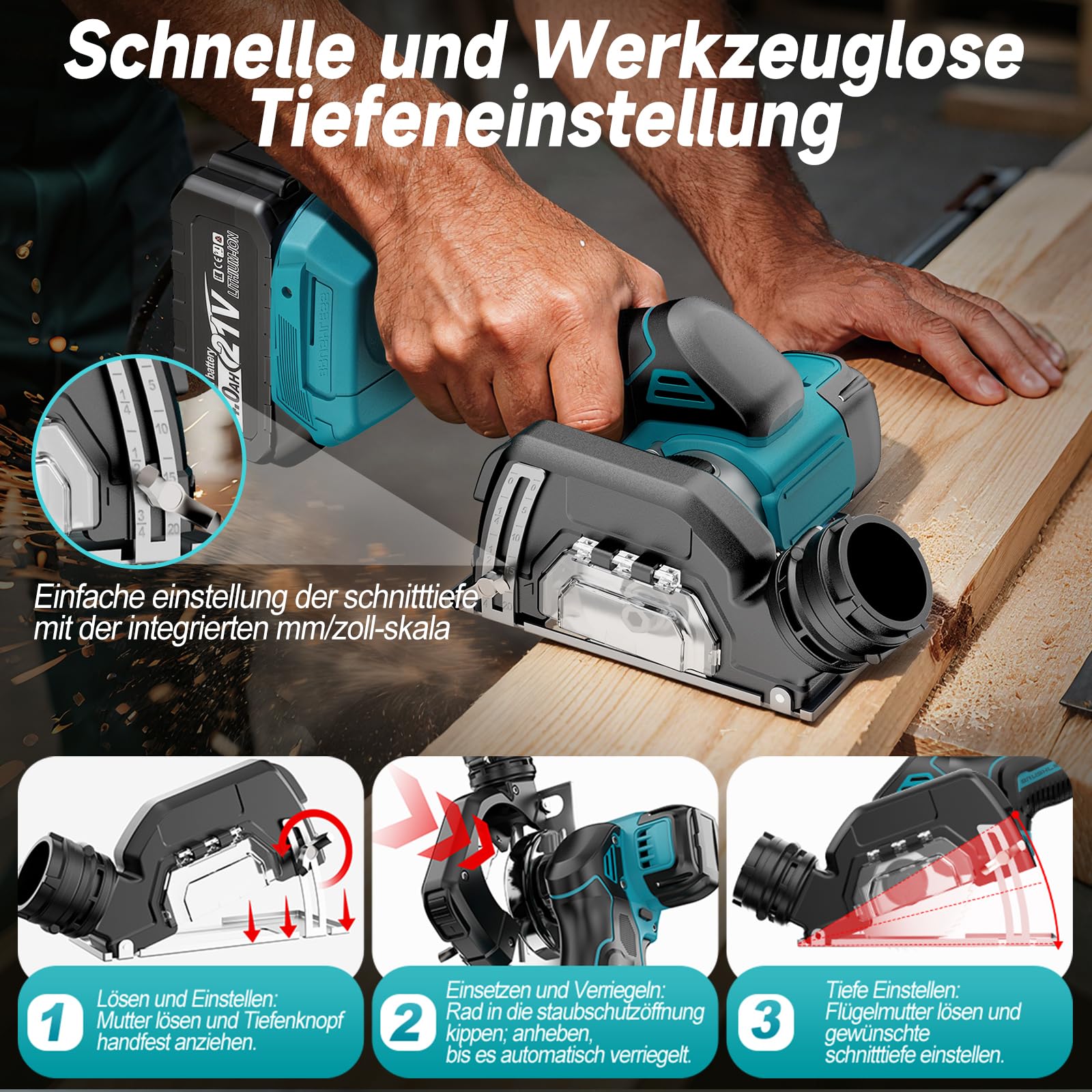 Yofuly Mini Winkelschleifer 76mm Kompatibel mit Makita 18V Akku, Mini Akku Flex mit 2×4.0Ah Batterien, Tiefeneinstellung, 19500RPM Trennschleifer mit 5 Trennscheiben für Metall, Holz