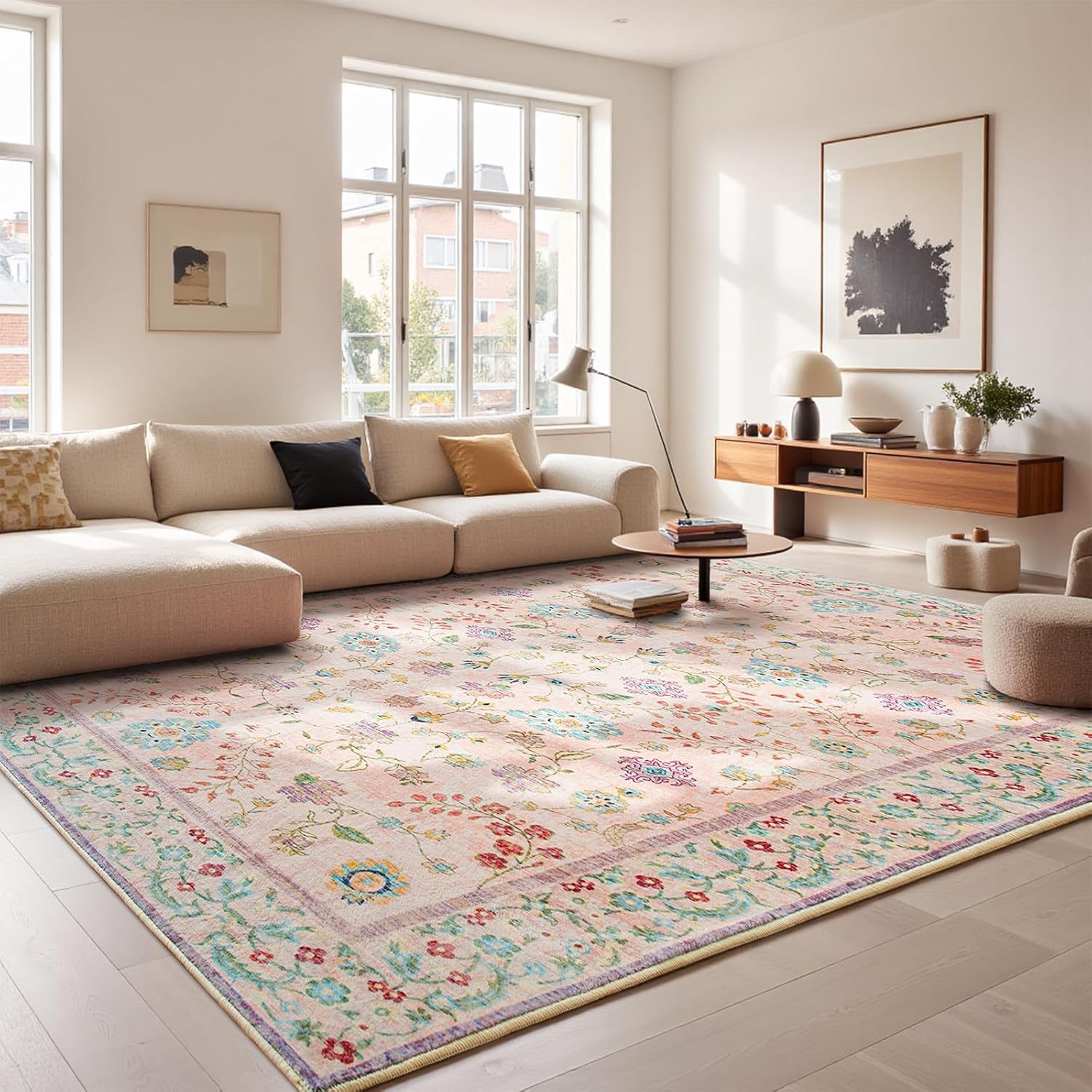 Pale Pink Living Room Rug 8x10, Floral Washable Area Rug Non Slip, Boho Low Pile Carpet with Rubber Backing for Bedroom Kitchen Bathroom Playroom Entryway Office 8' x 10' Pale Pink