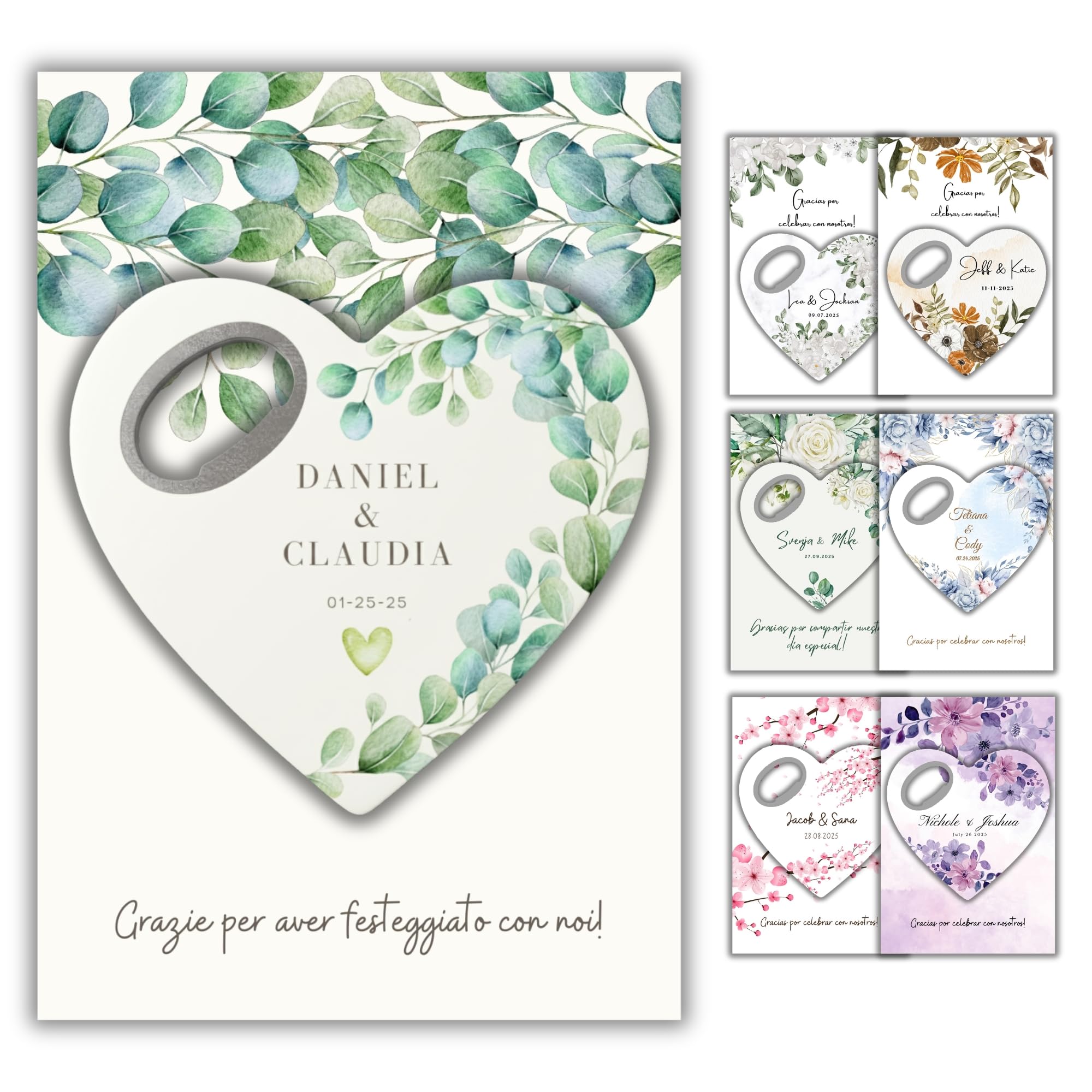 Bomboniere matrimonio personalizzate, calamita apribottiglie a forma di cuore con biglietto di ringraziamento, regalo per invitati e festa di (Apribottiglie + biglietto di ringraziamento)(Set da 30)