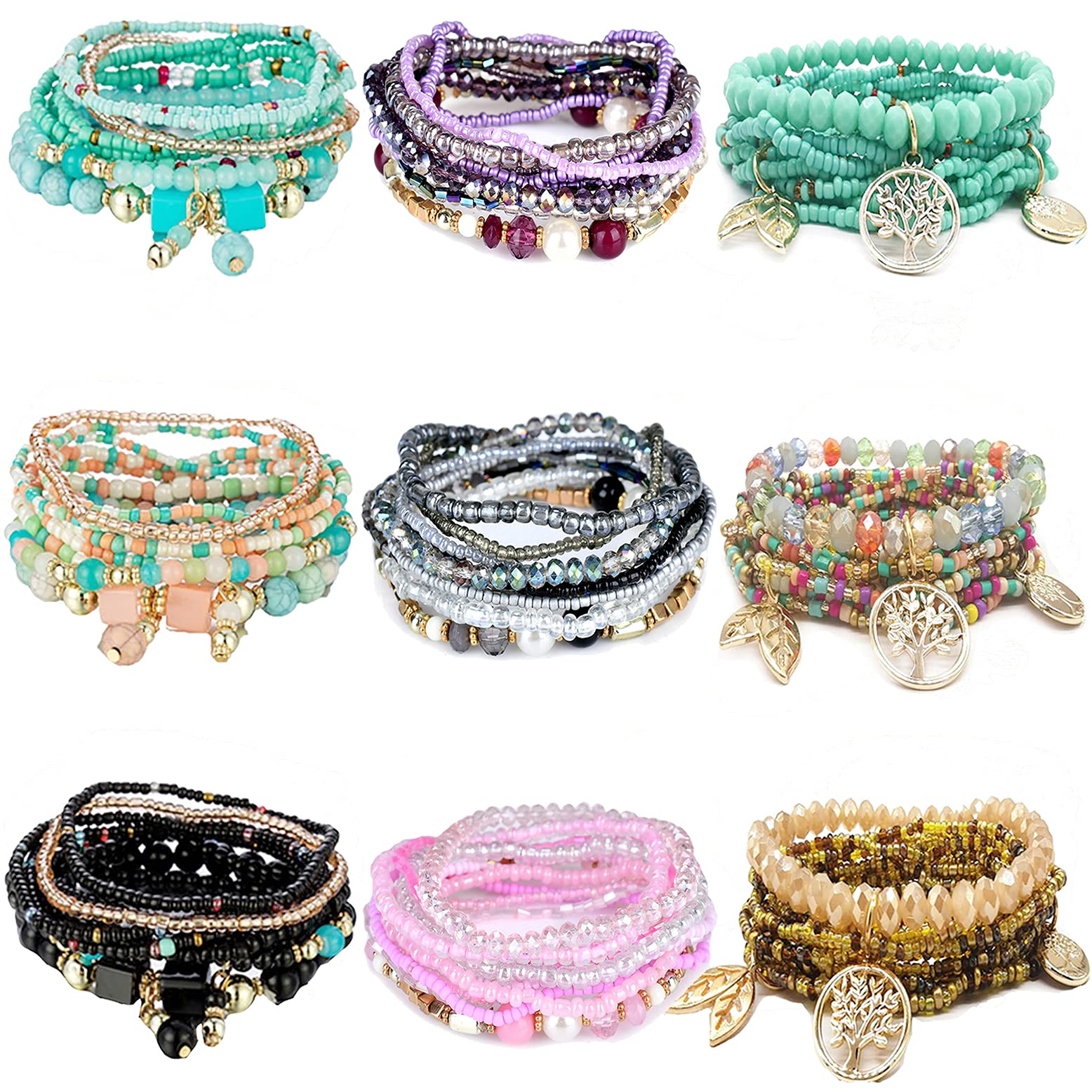WAINISWAINIS 9 Sets Bohemian Stackable Bead Bracelets for Women Stretch Multilayered Bracelet Set Multicolor Jewelry