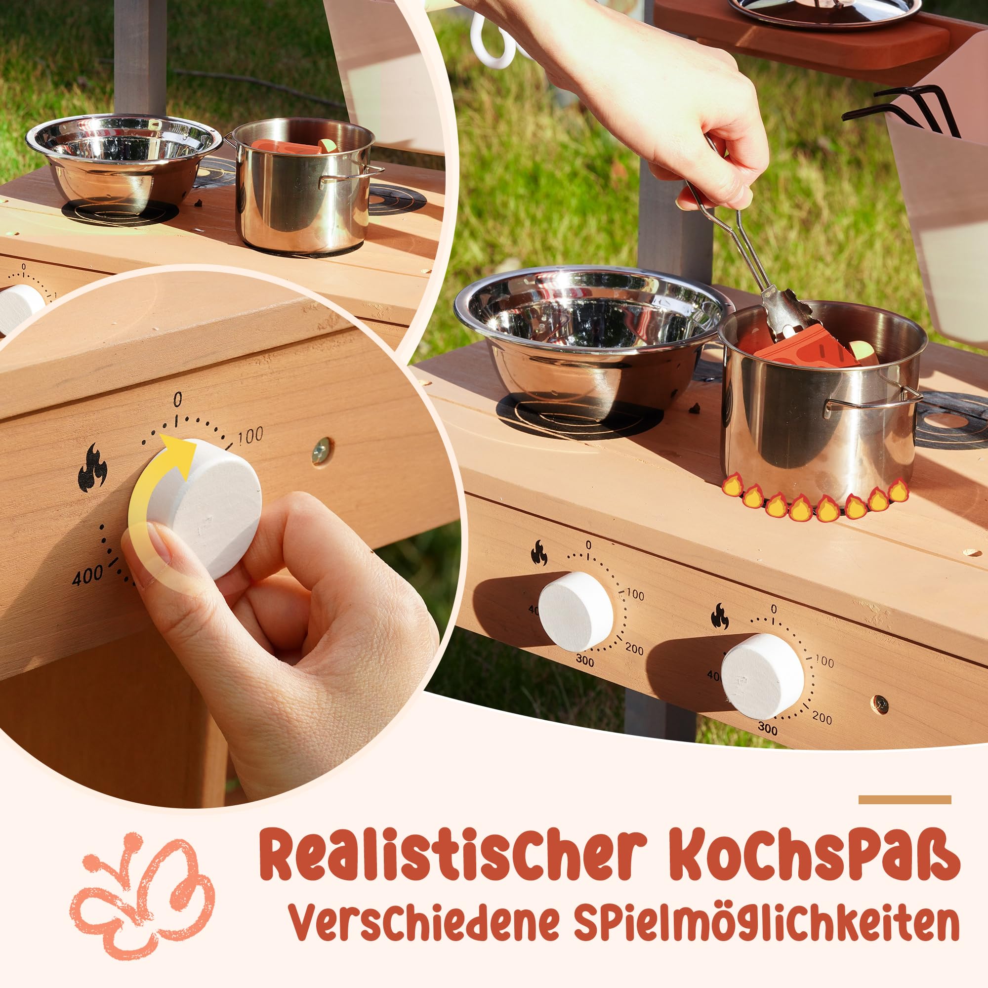 ROBUD Matschküche Outdoor Holz mit Sonnendach, Spielküche Kinder Matschküche im Freien mit Pflanzkasten, Herd, Funktionierendem Wassertank, Wasserhahn & Spüle, Tafel, Spielküche Kinder ab 3 Jahren