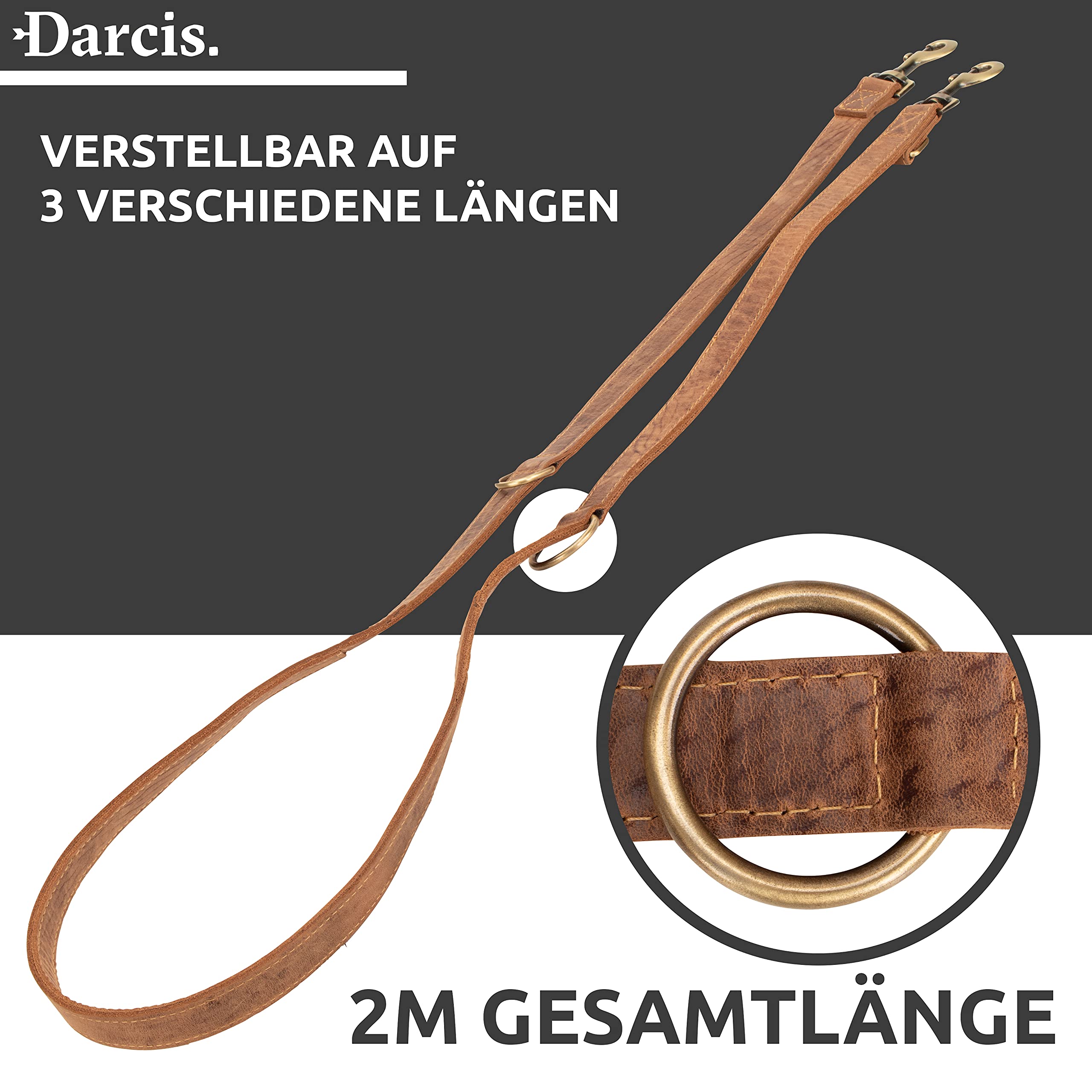 Greenburry Hundeleine Braun 200 cm - Extrem Robust aus hochwertigem und doppellagigen Rindsleder (2,5 cm breit) - Ideale Hunde Leine für Große Hunde - 3 Fach verstellbar - Rostfreier Karabinerhaken
