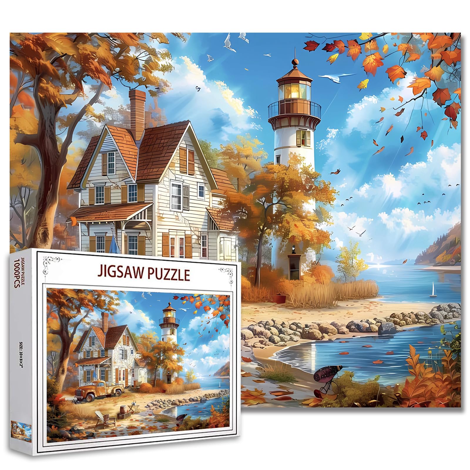 Beach Coast Cabin Jigsaw Puzzle，Fall Lighthouse Scenery 1000 Pieces Jigsaw Puzzles for Adults，27 x 20 Inches Puzzles ，HD Quality Seaside Landscape Puzzle Gift，Family Activity Perfect for Game Night