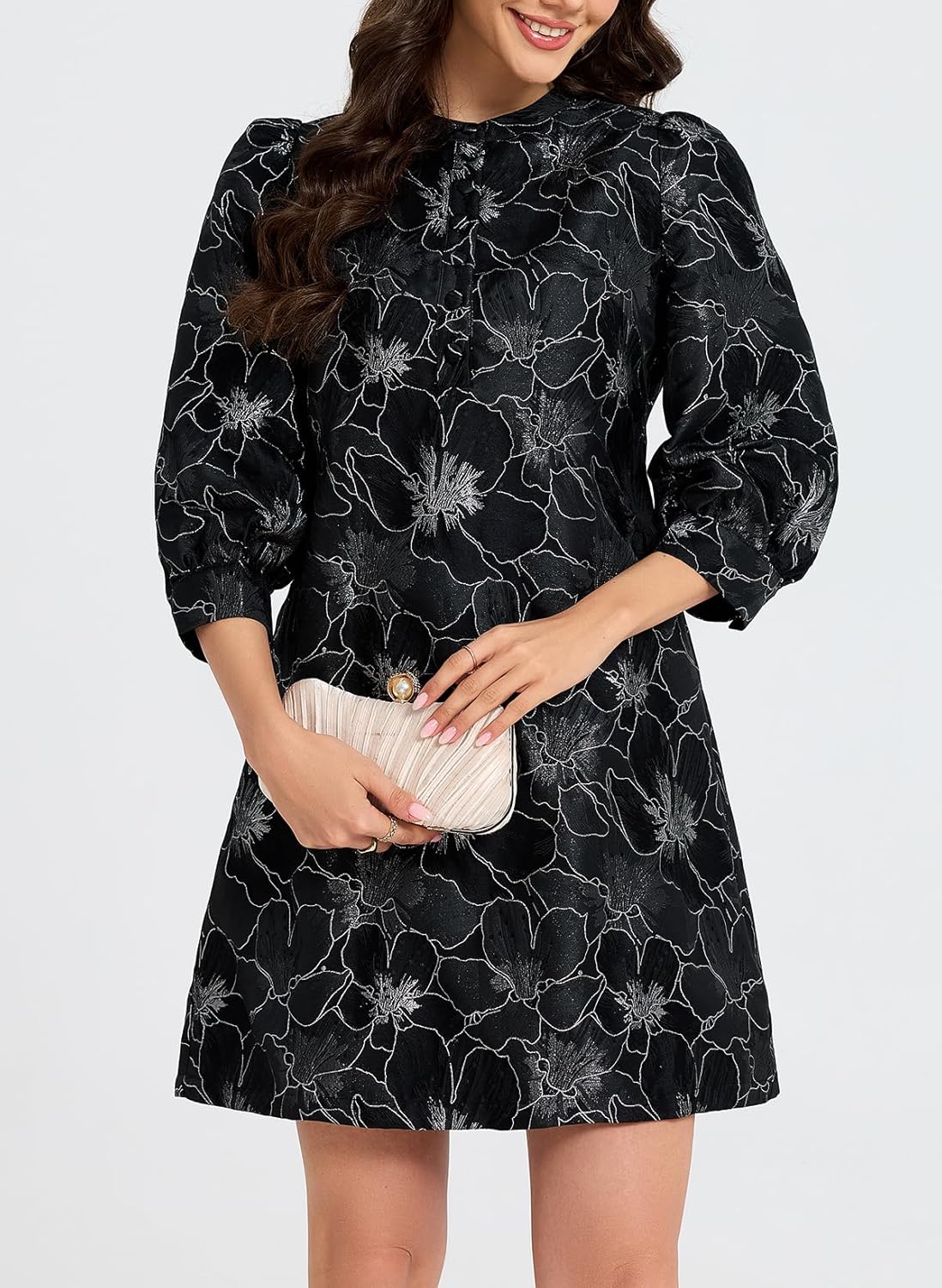 LADYFUL Women's Floral Jacquard Shift Dress 2026 Long Puff Sleeve Button Up Elegant Cocktail Party Mini Dress - Image 2