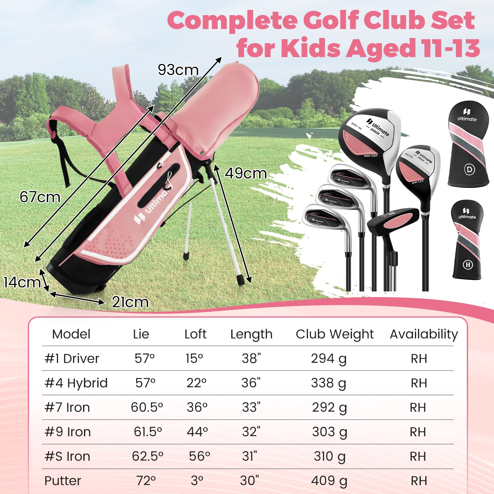 GYMAX Juego Completo de Palos de Golf para Niños de 11 a 13 Años, Incluye Bolsa de Golf, Funda para la Lluvia, Madera N.° 1, Híbrido N.° 5, Hierros N.° 7 N.° 9 N.° S, Putter