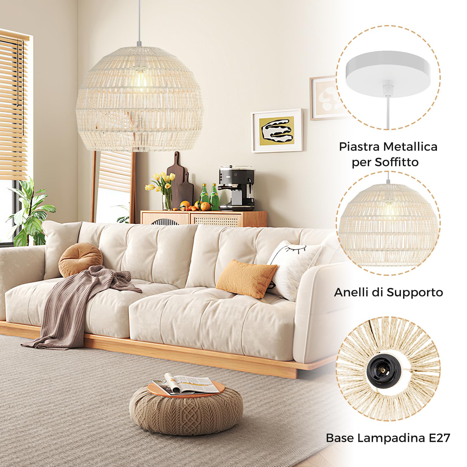 COSTWAY Lampada a Sospensione, Lampadario Moderno con Struttura in Metallo e Cupola in Carta, Luce con Altezza Regolabile per Cucina, Camera da Letto e Soggiorno, 43 x 43 x 34 cm (Beige)