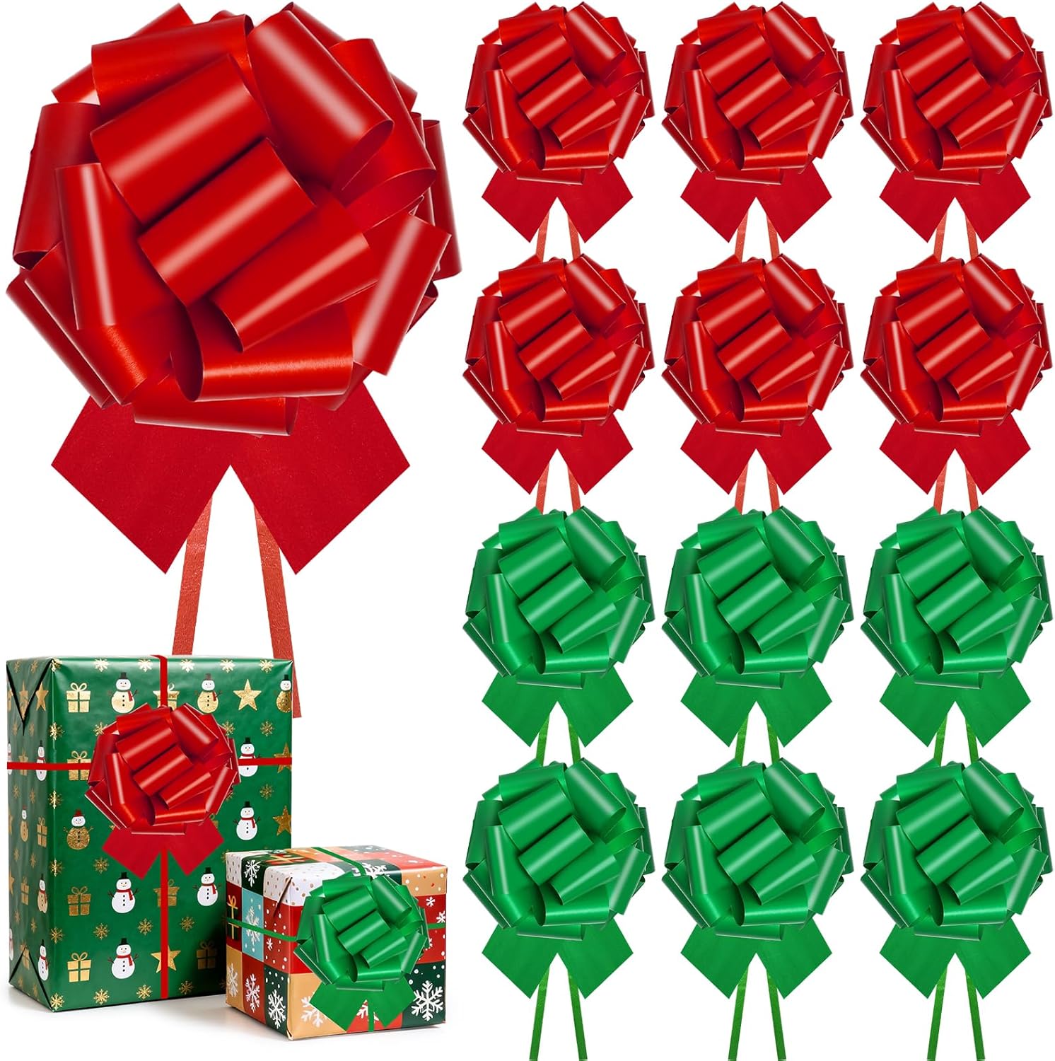 12 PCS Christmas Bows for Gift Wrapping,5 inch Large Xmas Holiday Pull Bows for Present,Gift Baskets,Wine Bottles,Bouquet,Christmas Wrapping Decorations [Red Green] Red and Green-12 Pcs
