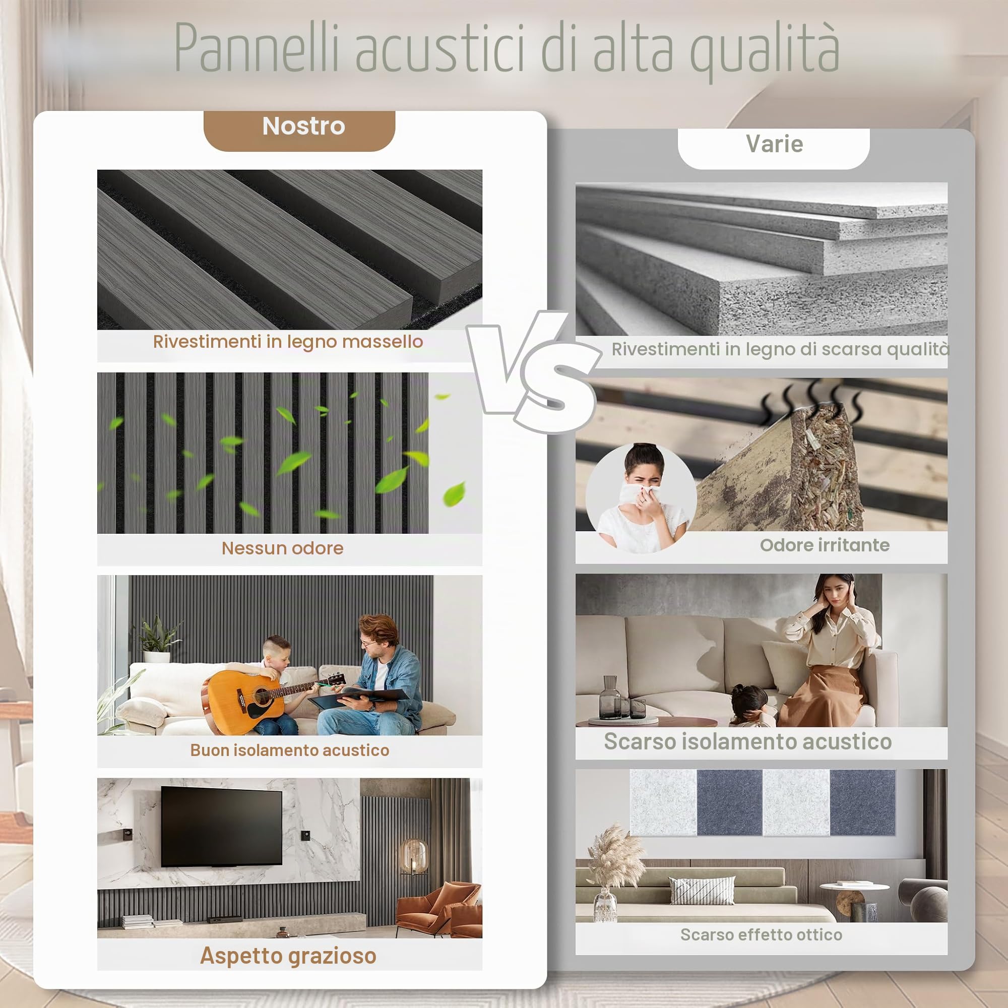 ACXIN Set di 4 pannelli acustici in legno 3D, da parete, in vero legno di quercia, in feltro acustico, 120 x 60 cm, pannelli acustici, per corridoio, soggiorno, ufficio, antracite