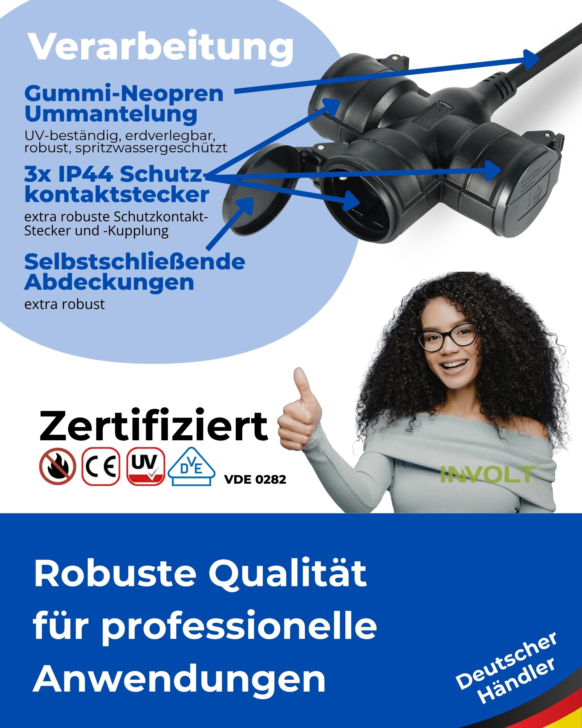 INVOLT 20 m przedłużacz z 3 gniazdami Schuko, do użytku na zewnątrz, IP44 H05RR-F 3G, 1,5 mm², czarny, gumowy przewód do ogrodu, na plac budowy, do warsztatu