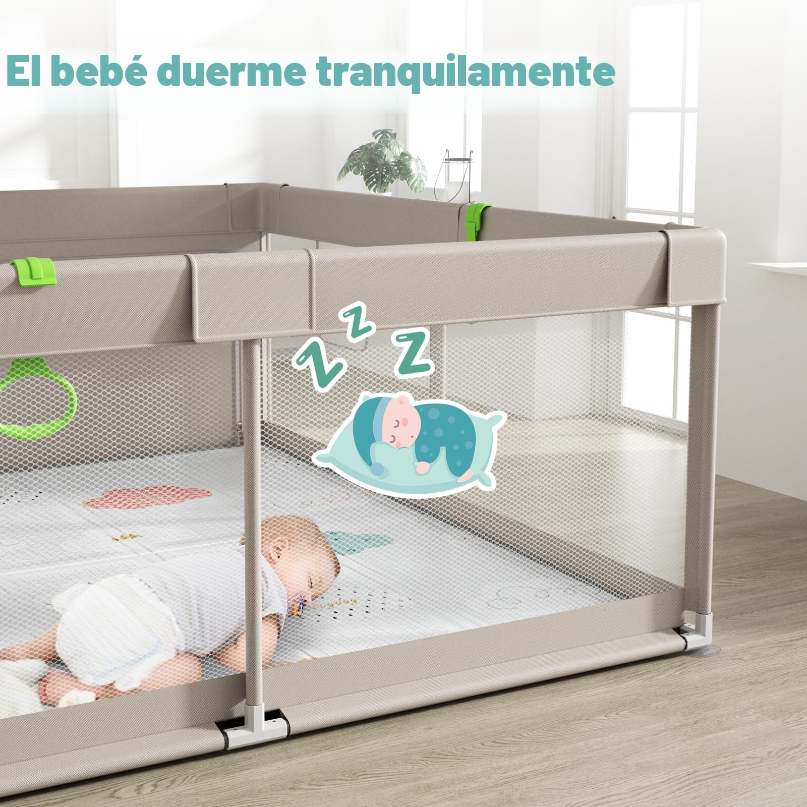 UANLAUO 150x150cm Parque Infantil Bebe con Alfombra, Grande, con 4 Piezas Anillas, Zona de Juegos Interior con Puerta de Cremallera