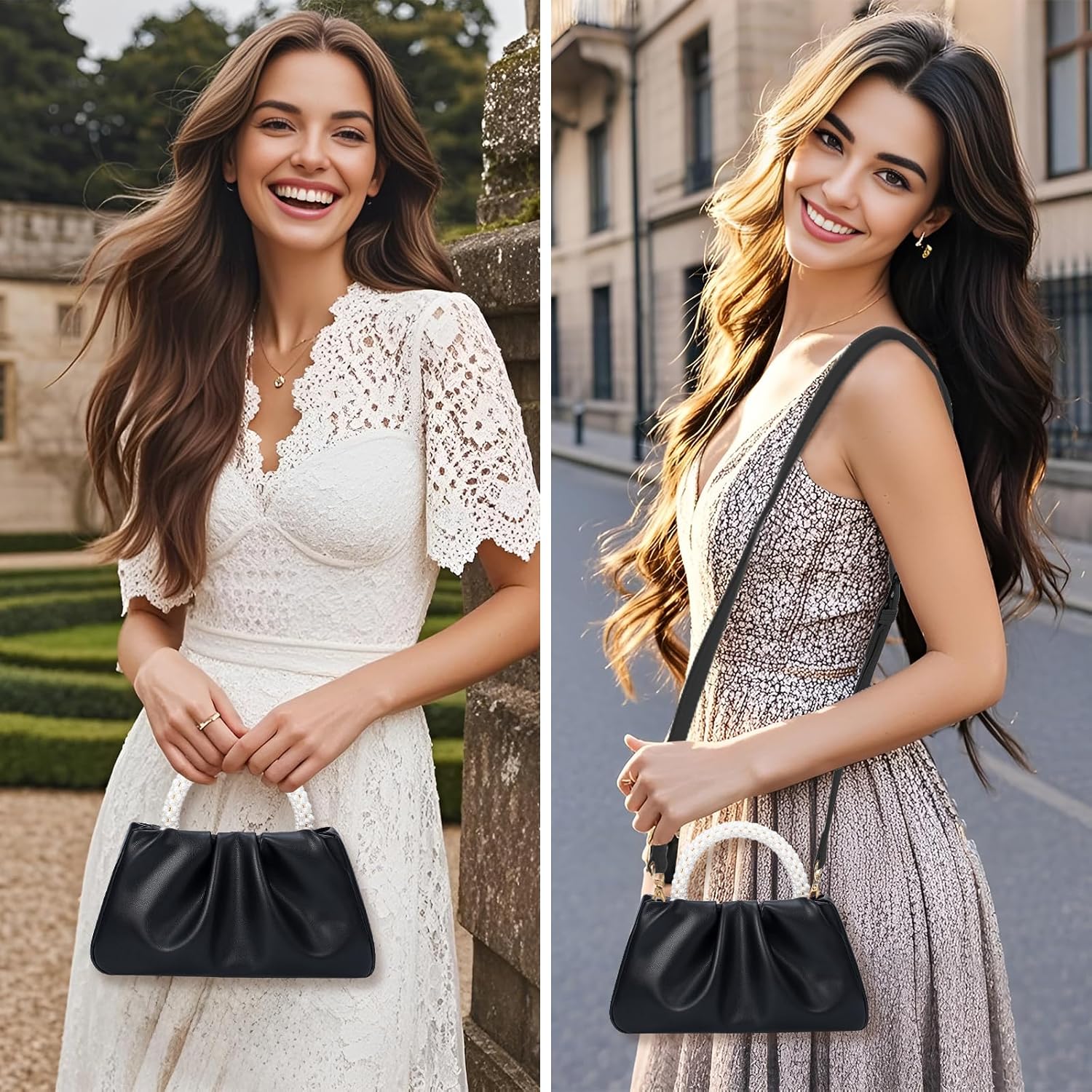 YYW Women Evening Bags Pearl Clutch Purses Soft Leather Ruched Crossbody Handbags for Wedding Bridal Party - Image 7