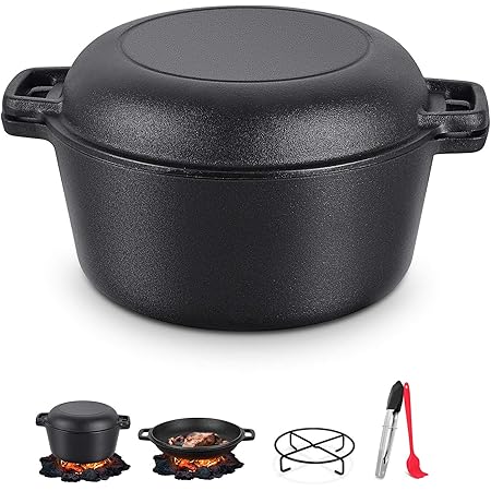 Magicfun BBQ Dutch Oven Gusseisen Topf, 4.7L Outdoor Schmortopf Feuertopf Kochtopf mit Doppelfunktion Deckel für Braten, Kochen, Camping, Garten, 27 x 27 x 15cm
