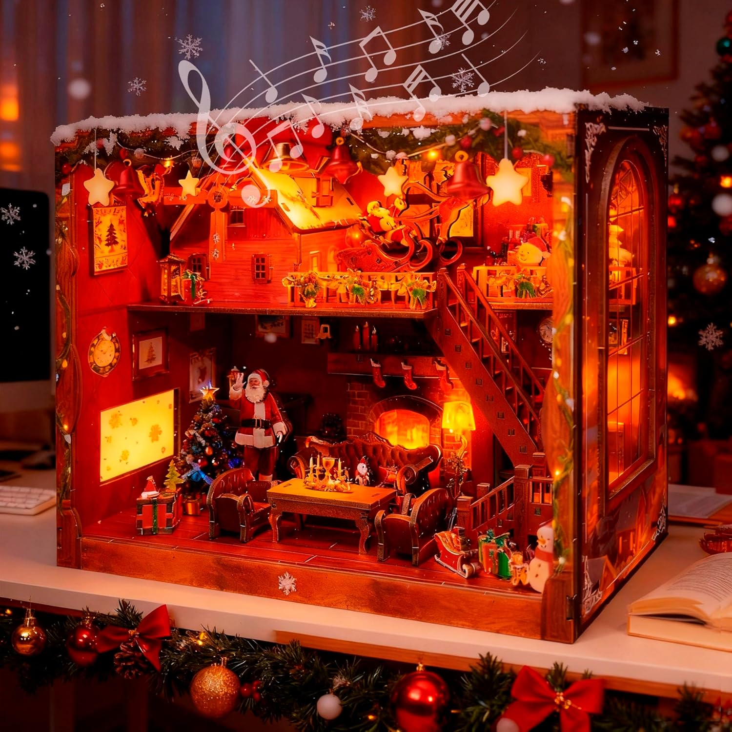 DIY Miniature House, LED Lighting Book Nook Kit Dollhouse Kit,Music Box Dollhouse, 3D Wooden Puzzle with Dust Cover,Gifts for Family, Friends,Christmas(Christmas Carnival)