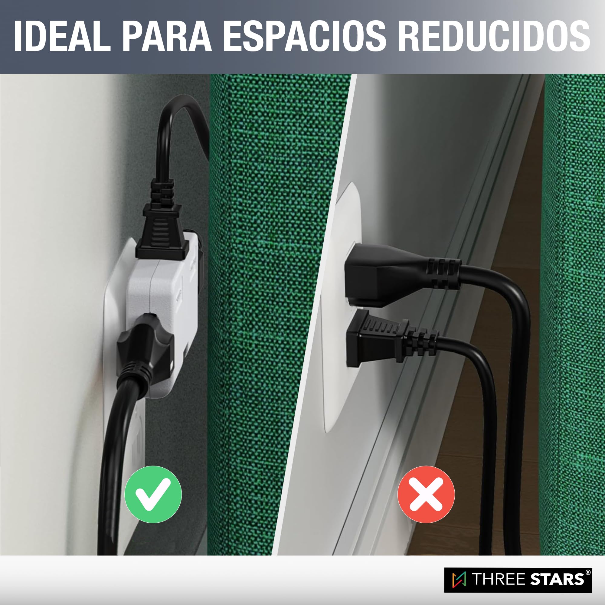 Ladrón Enchufes Plano 3 Tomas - Adaptador Europeo y Americano - Enchufe Plano Pared con Cabezal Giratorio 180º - Enchufe Extraplano para Hogar + Oficina + Electrodomésticos - Color Blanco | 3-Stars — view 2