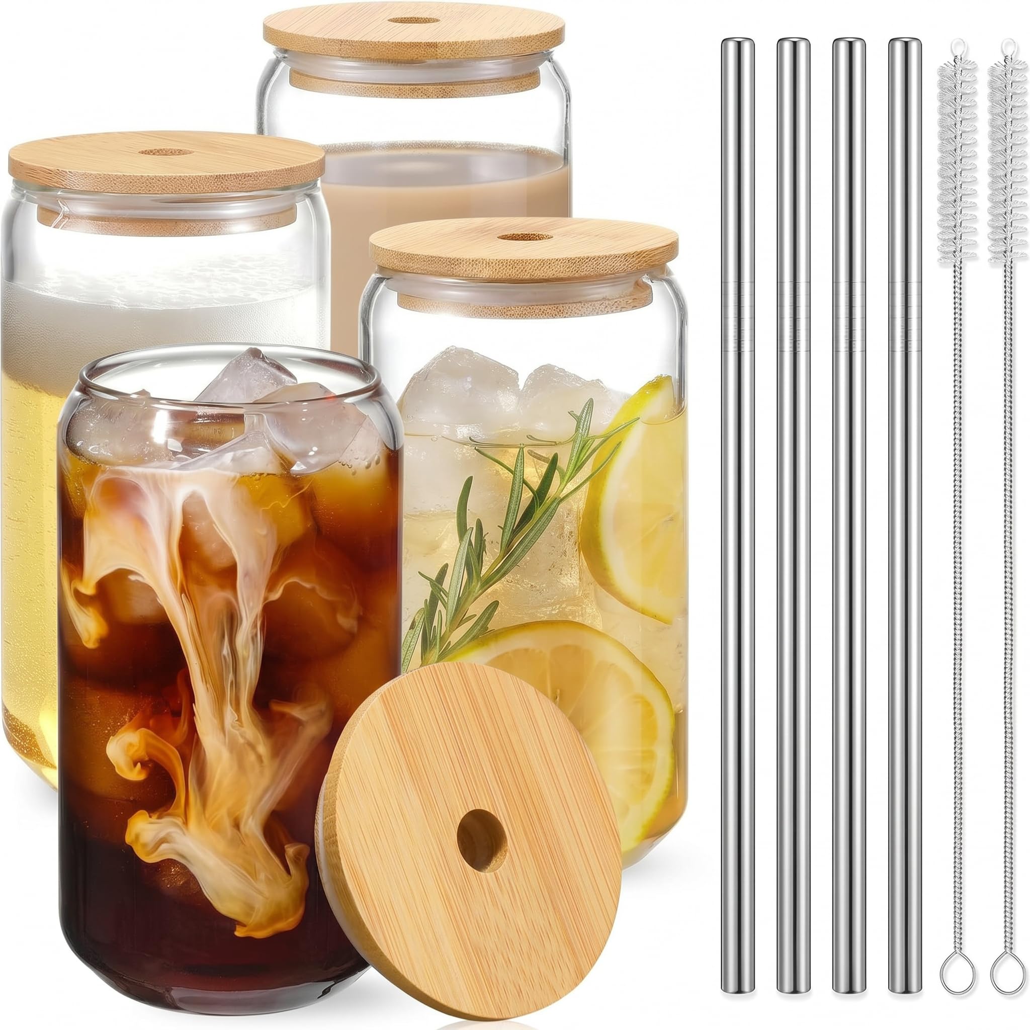 ZUFIO 4Pack Glass Cups with Lids and Glass Straws -16oz/450ml Cute Iced Coffee Glass, Heat & Ice Resistant Transparent Tumbler Cup for Coffee, Smoothie, Soda, Cocktail, Beer, Juice, Garden Party