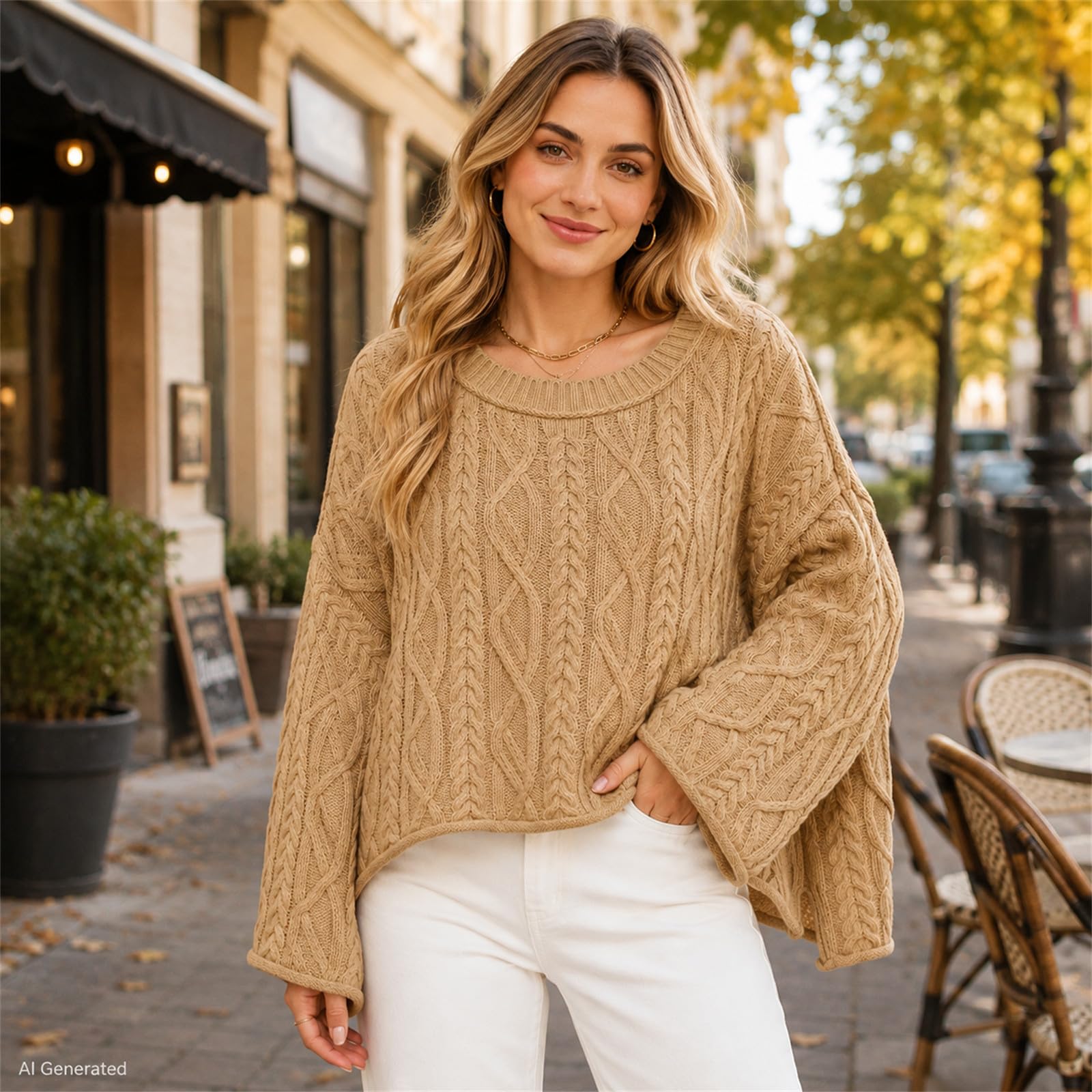 Maglione da donna a trecce girocollo oversize a maniche lunghe pullover