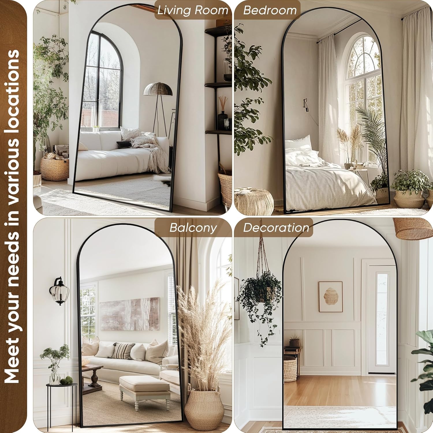 Antok Full Length Mirror, 44"x88" Oversized Floor Mirror with Stand for Bedroom, Living Room Cloakroom, Black, Arch Style