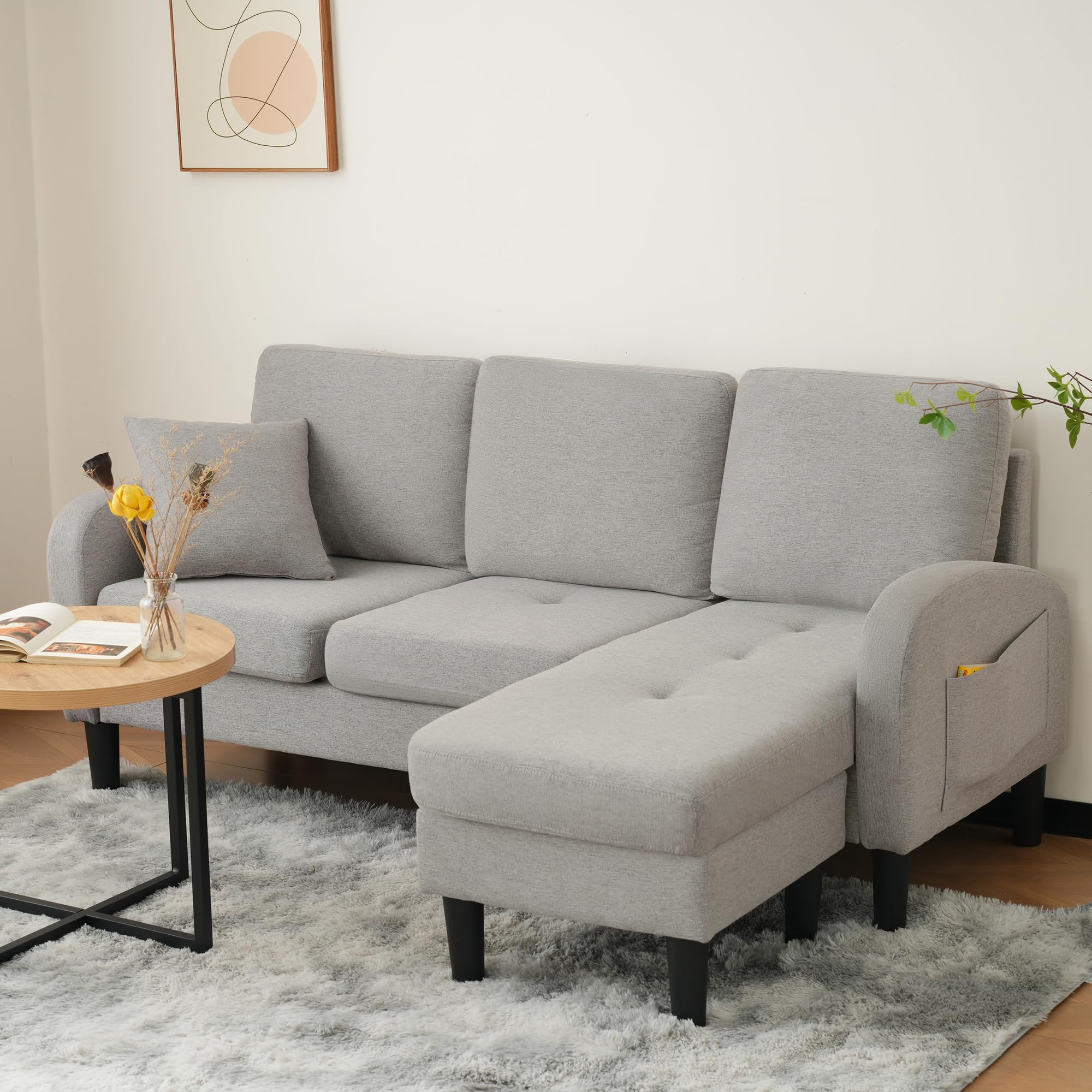 TIZZ Divano angolare a forma di L con chaise longue - Divano a 3 posti, 166 x 118 x 77 cm, tessuto in lino di cotone traspirante, gambe in plastica, design modulare, ideale per soggiorno, appartamenti