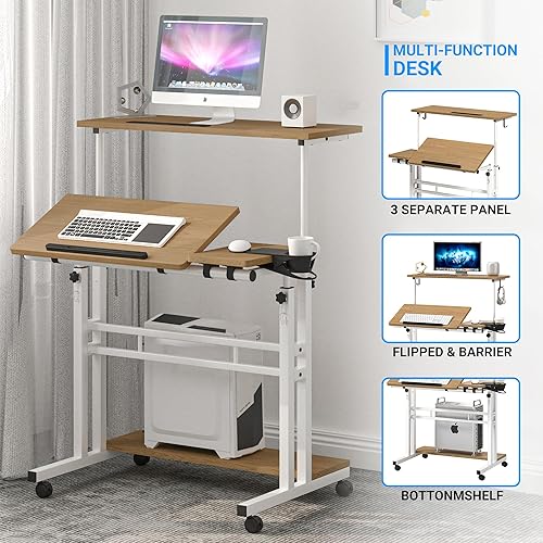 Vista 34 de Escritorio móvil de pie, escritorio ajustable para computadora con 3 escritorios, mesa portátil para laptop con soporte para tazas, estación