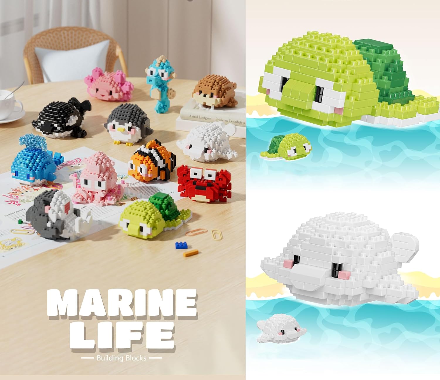 12 Set Cute Sea Animals Creature Building Toy Blocks Marine Life Mini Bricks Micro Building Toys