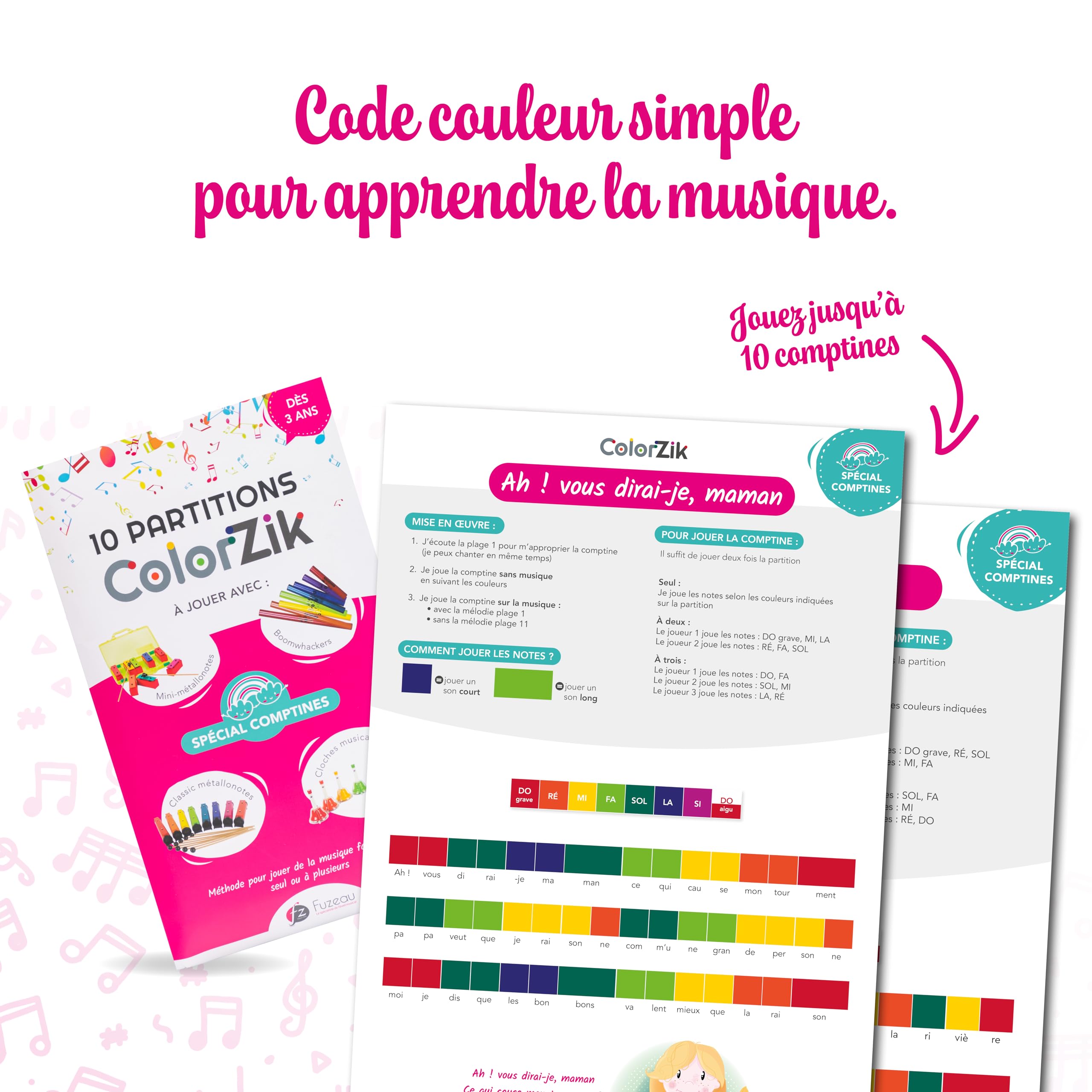 Fuzeau Livret Musical Pédagogique CD Audio Colorzik Comptines 10 Partitions Codées en Couleurs Paroles Incluses dès 3 Ans Méthode Intuitive