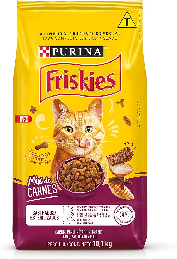 Ração para gatos castrados Friskies Mix De Carne 10 1Kg embalagem amarela e roxa