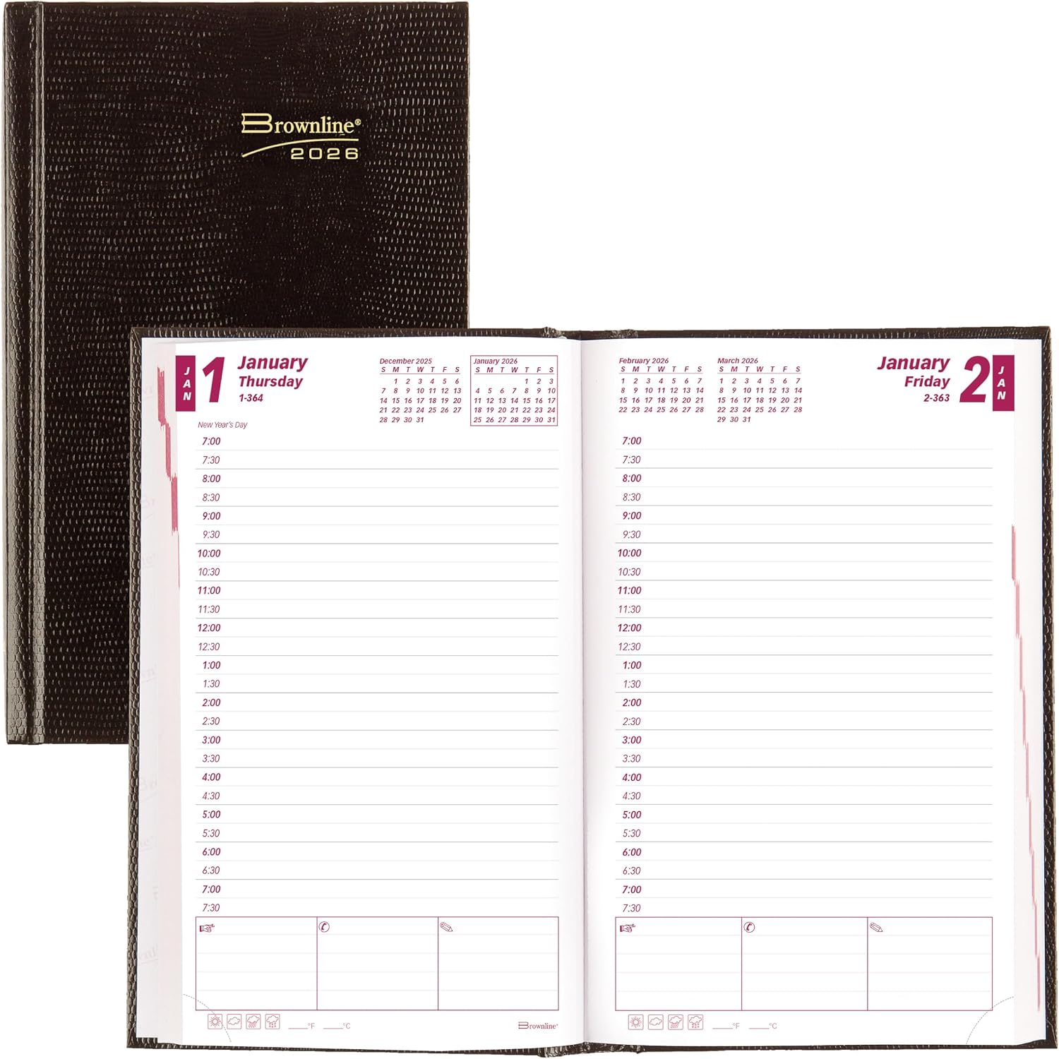 Brownline® 2026 Traditional Daily/Monthly Planner, Appointment Book, 12 Months, December to January, Twin-Wire Binding, 8" x 5", Black (CB634.BLK-26)