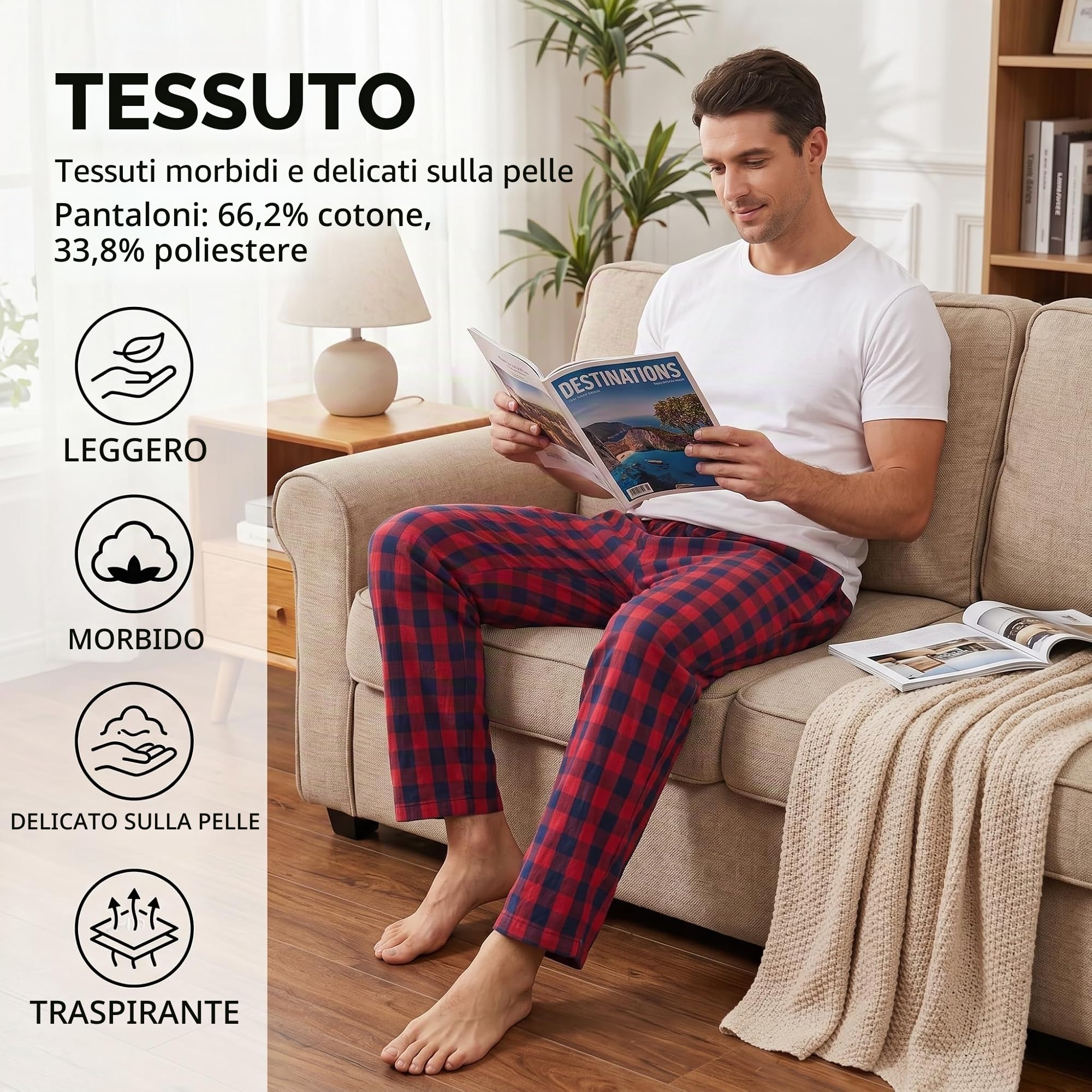 YUSHOW Pantaloni Pigiama Uomo Cotone a Quadretti Comodo Pantaloni da Notte Lunghi con Tasche Coulisse per Casa Pacco da 2