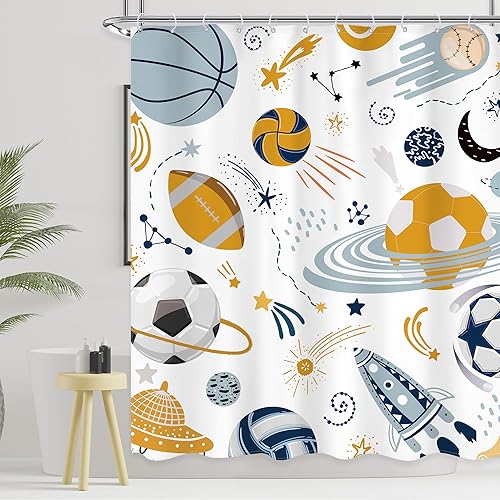 Miniatura 10 de Ufeela Cortina de ducha para niños, diseño de planeta de dibujos animados, universo lindo, galaxia, espacio y luna, juego de cortina de baño con