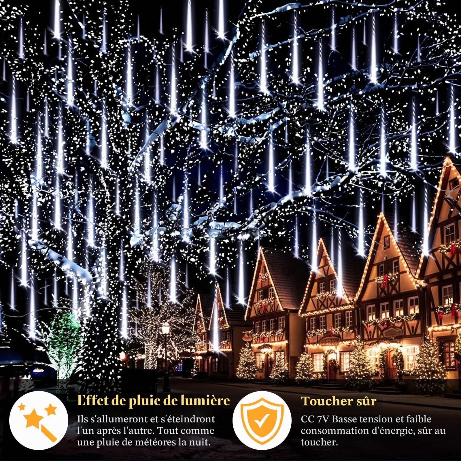 Guirlande Lumineuse Exterieure Noel, 24 Tubes Lumières de Pluie de Météores, 30 cm 576 LED, Étanche IP65, éclairage de Noël pour Balcon, Avant-Toit, Toit, Blanc (3 Jeux de 8 Tubes)