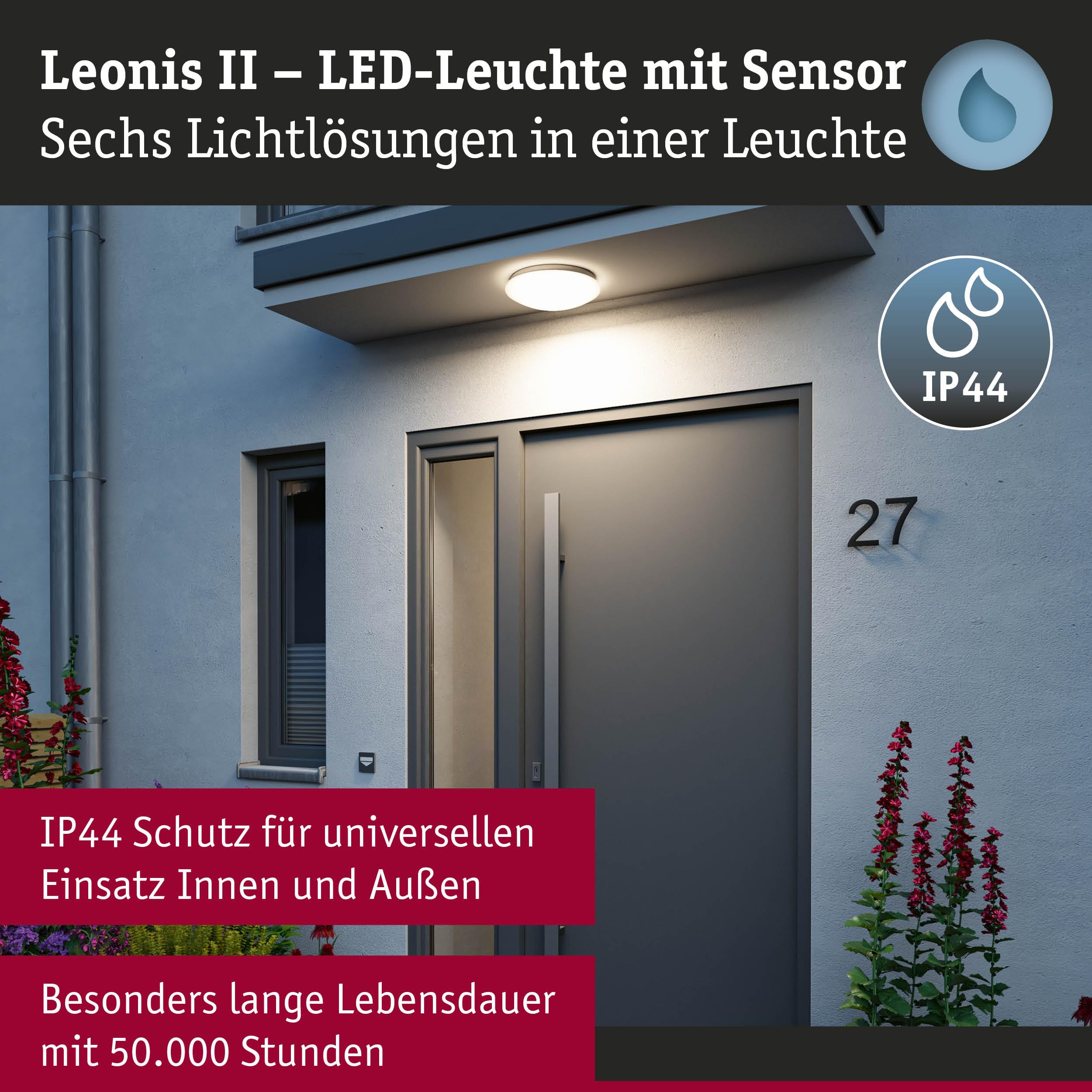 Paulmann 75407 LED Deckenleuchte Leonis Dämmerungsgesteuerter Bewegungsmelder (HF) IP44 3000-5700K 1750lm 230V 16,5W Weiß
