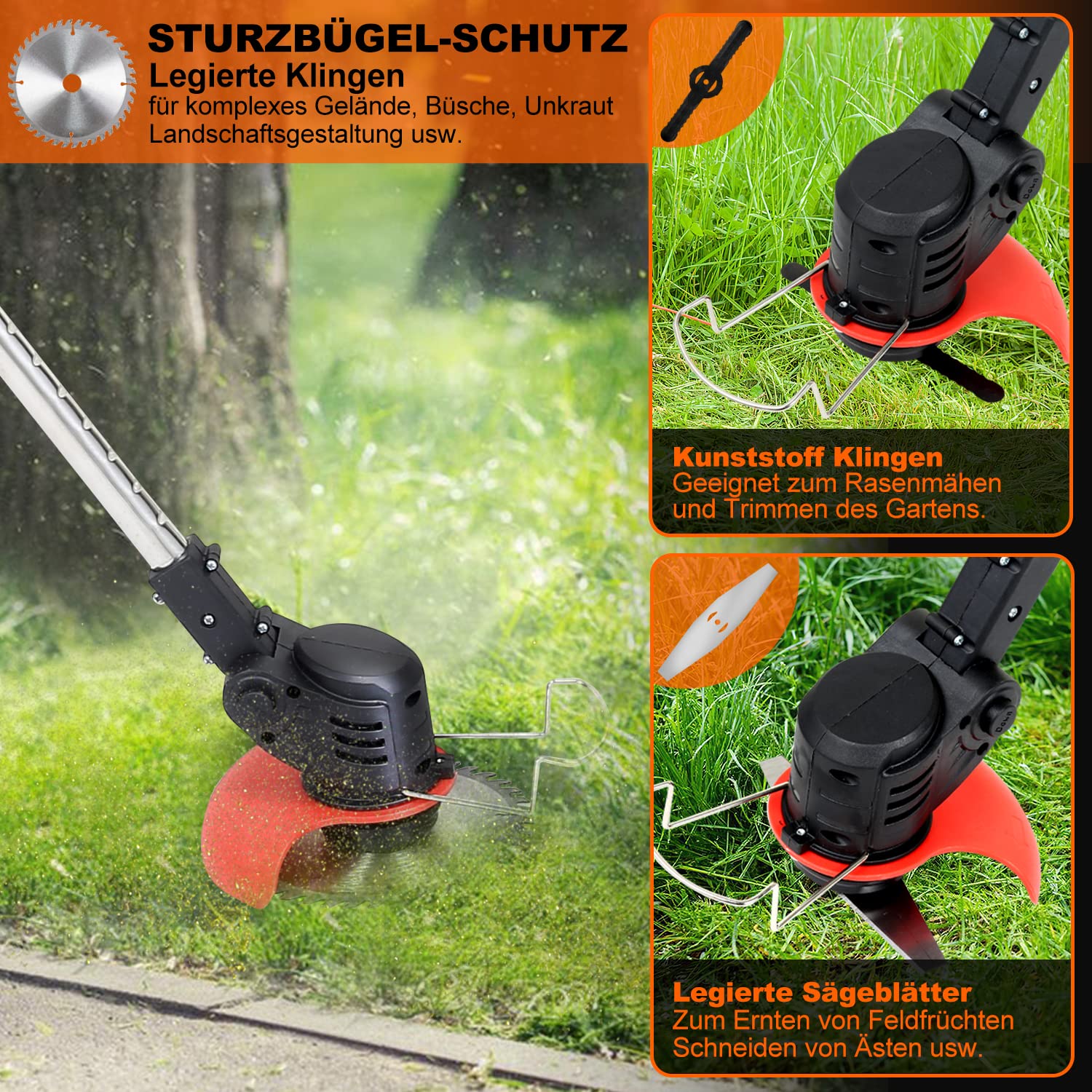Gimisgu Desbrozadora con batería, cortador de bordes de césped de 24 V con batería de iones de litio de 1,5 Ah y cuchillo de plástico, ancho de corte de 15 cm, mango telescópico, ajuste de ángulo de