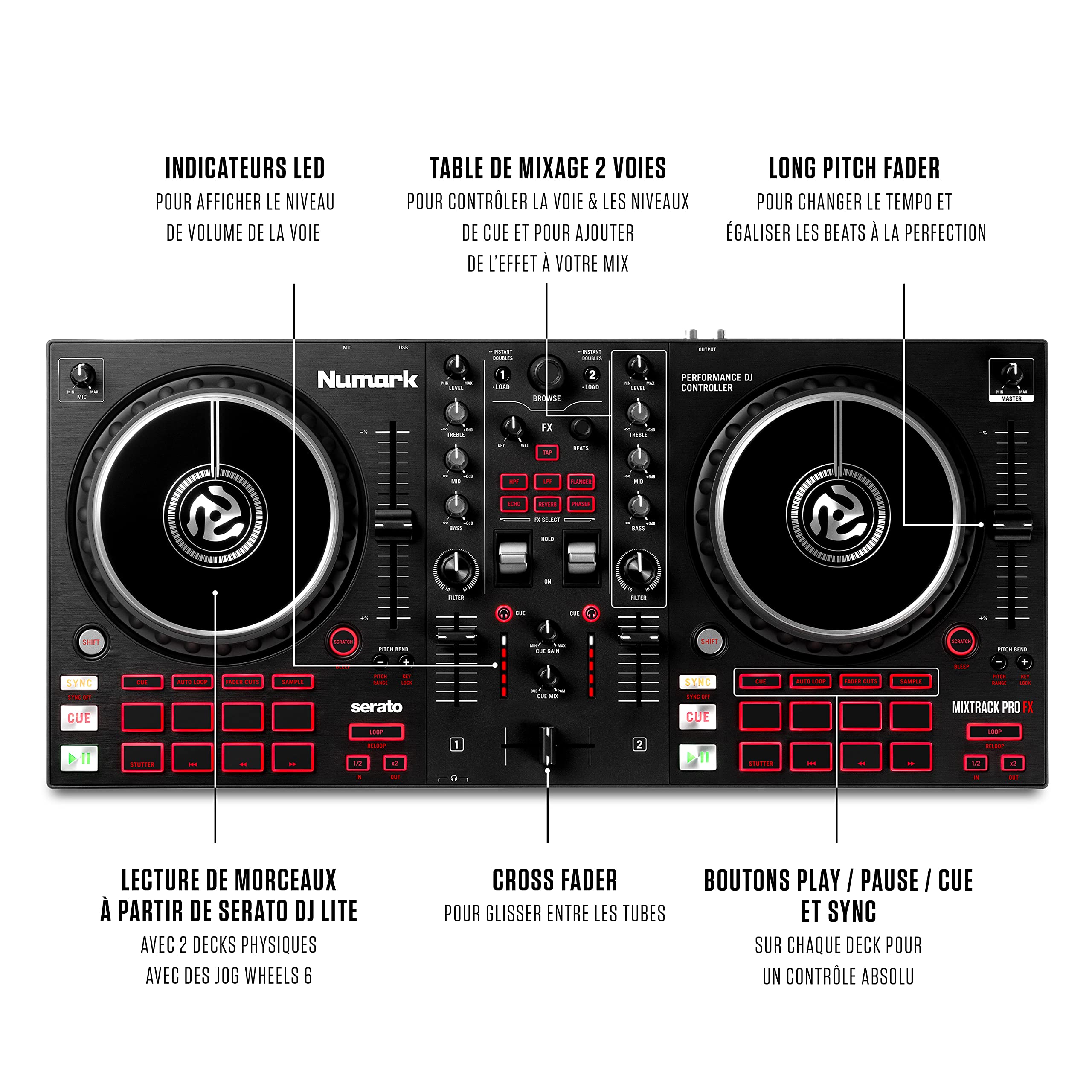 Numark Mixtrack Pro FX et HF175 - Contrôleur DJ 4 Voies avec Table de Mixage DJ, Platines DJ Tactiles et Casque DJ