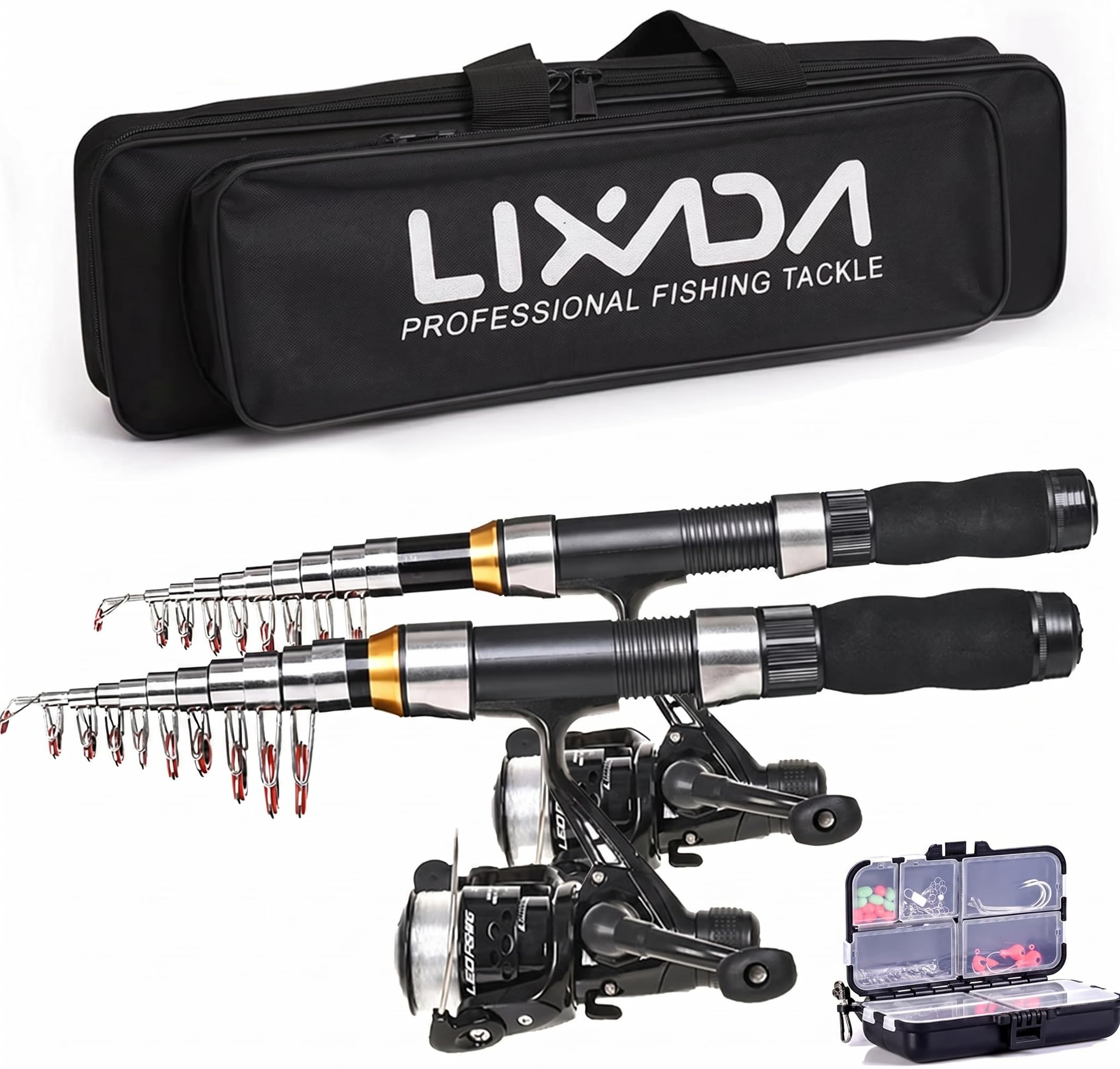 LIXADA Set Canne à Pêche Télescopique Canne à Pêche Set avec 2,1/2,3 m Cannes à Pêche Télescopiques Moulinets de Pêche Leurres & Ligne & Crochets & Flotteurs, Kit de Canne à Pêche