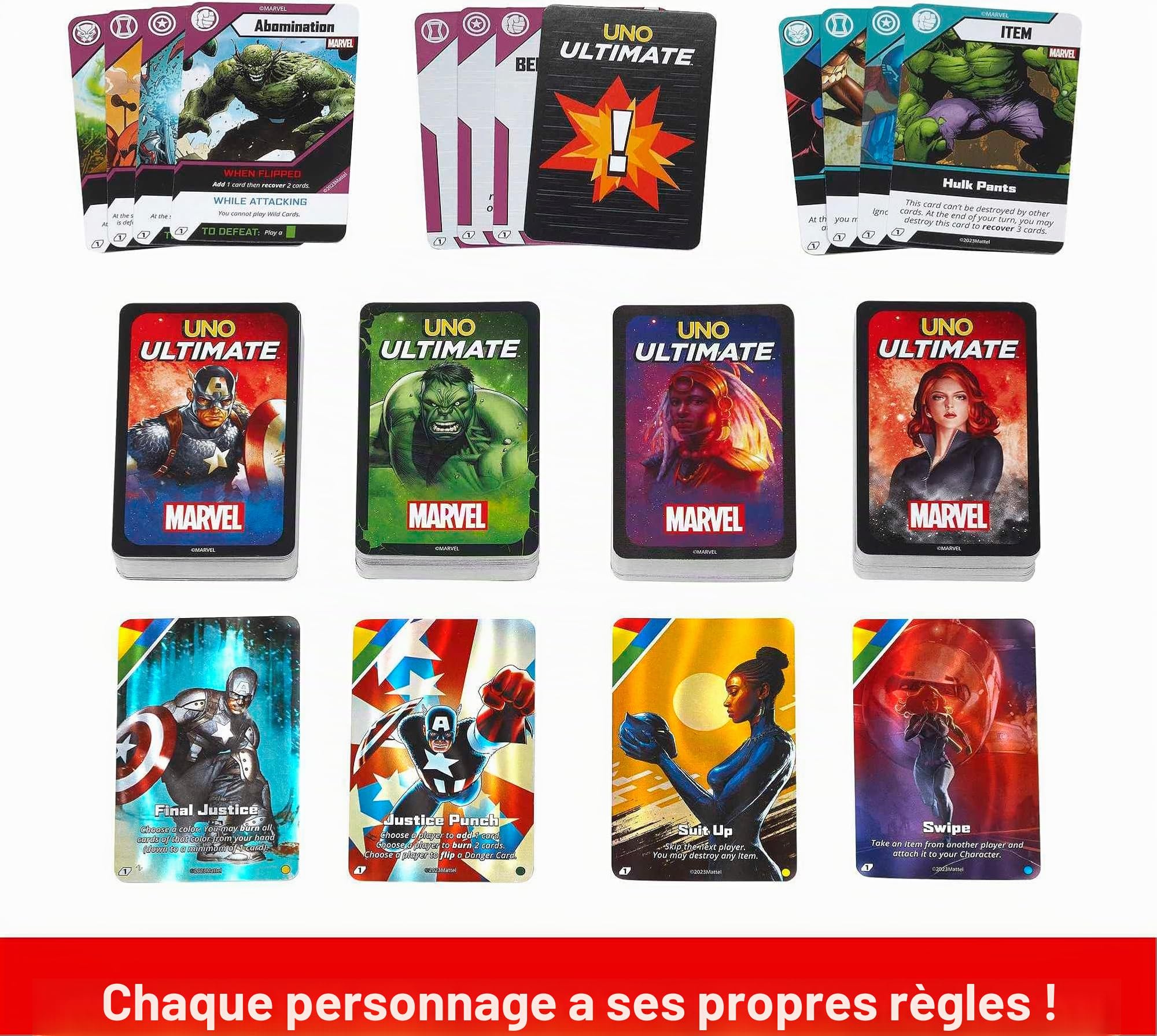 Mattel Games UNO Ultimate Marvel Jeu de cartes avec 4 jeux de personnages
