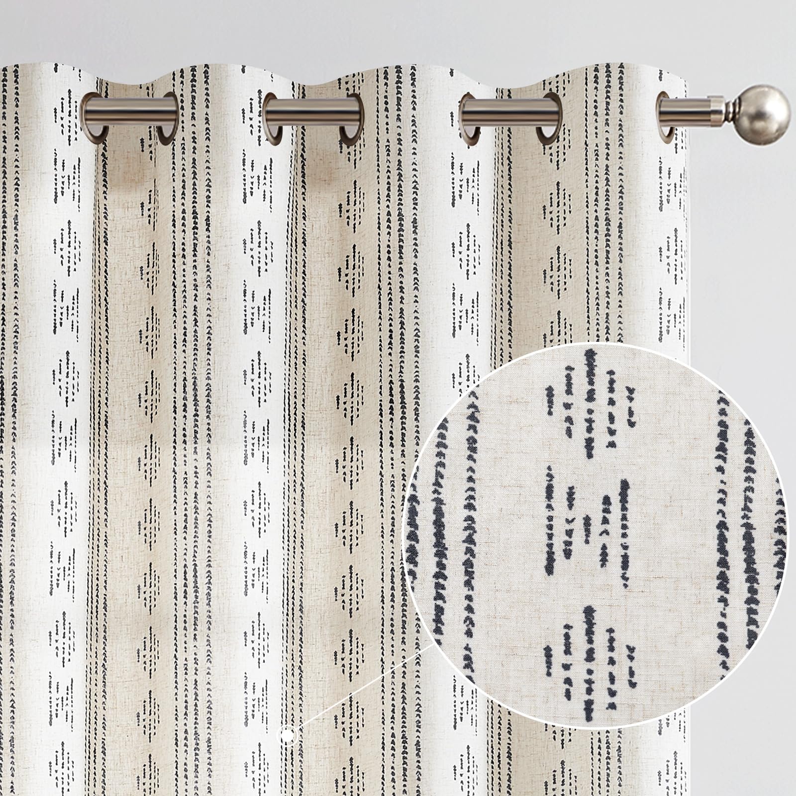 Vangao Boho Curtains Black Stripe Farmhouse Curtains 84 Inches Long Geometric Mudcloth Linen Curtains for Living Room Grommet Window Curtains 2 Panels Black on Beige
