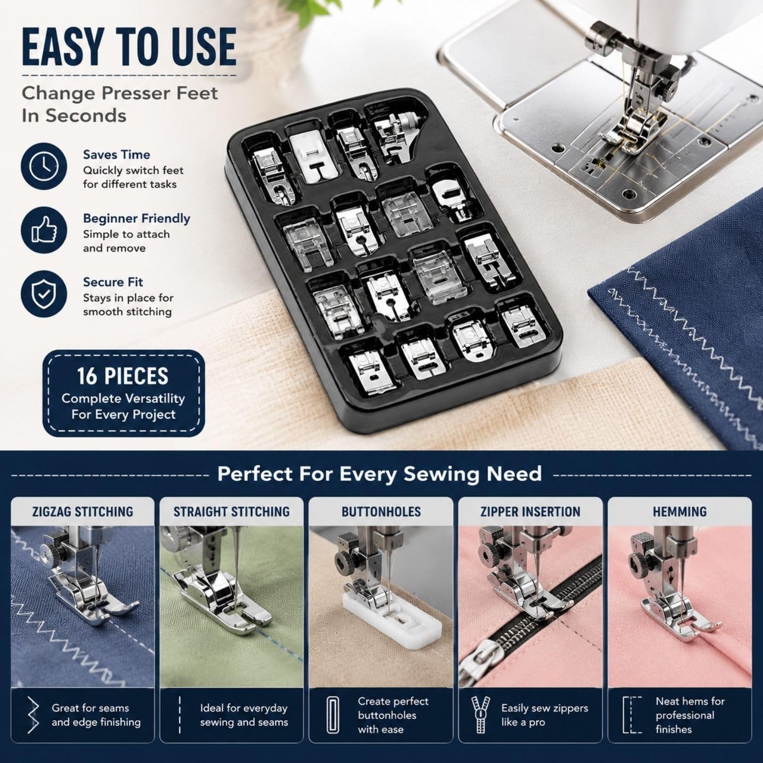 16 pcs Sewing Machine Presser Foot kit - Fit for All Machine - Low Shank Sewing Feet Accessories for Quilting, Zippers, Embroidery, Pintucks, Shirring, Lace, Beads, Blind Hem, Satin Stitch & More — Amazon image 3