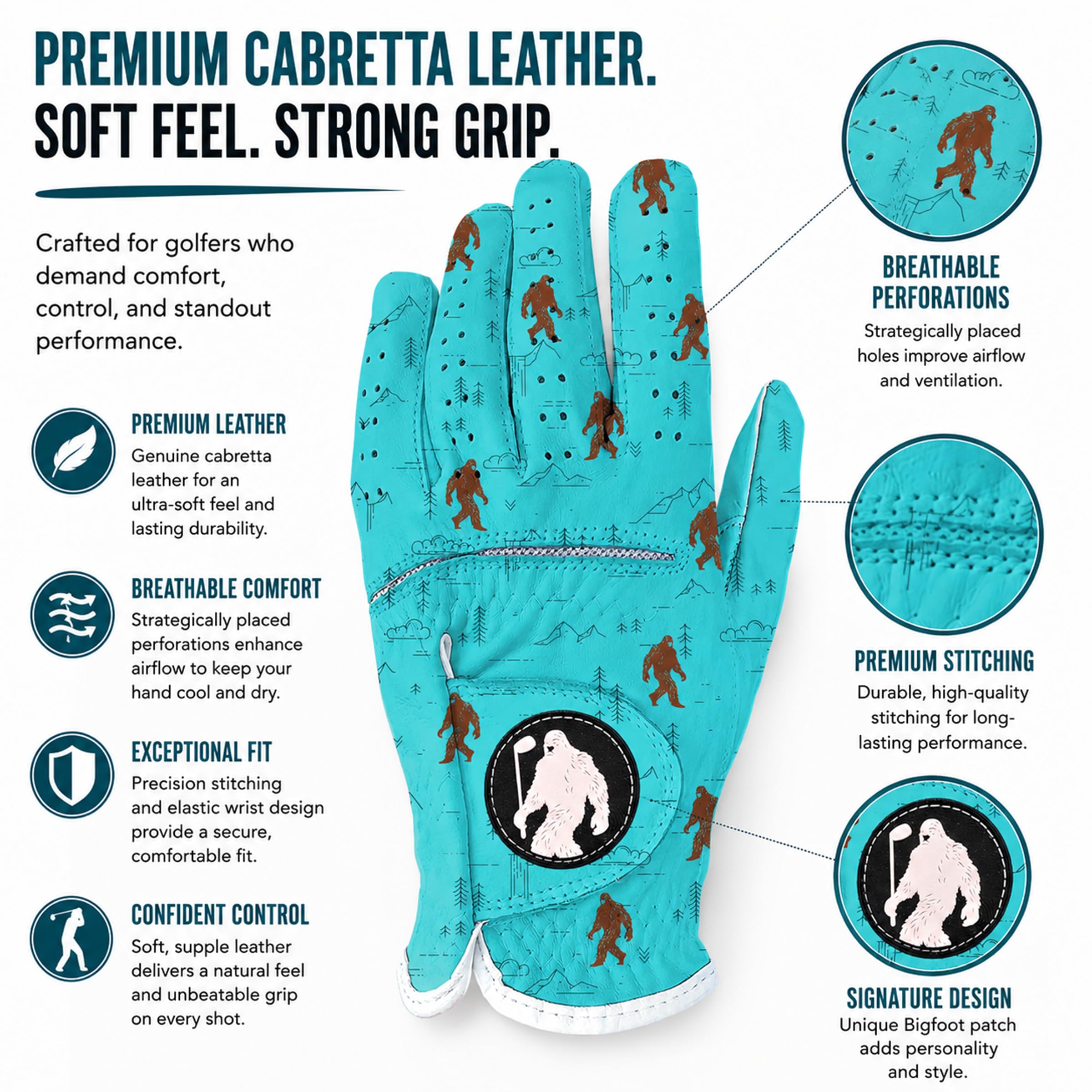 Guante de golf divertido Yeti para hombre, Bigfoot Sasquatch, piel cabretta, regalo duradero, color blanco, agarre para clima adulto, mano izquierda, derecha, tallas S, M, L, XL, XXL
