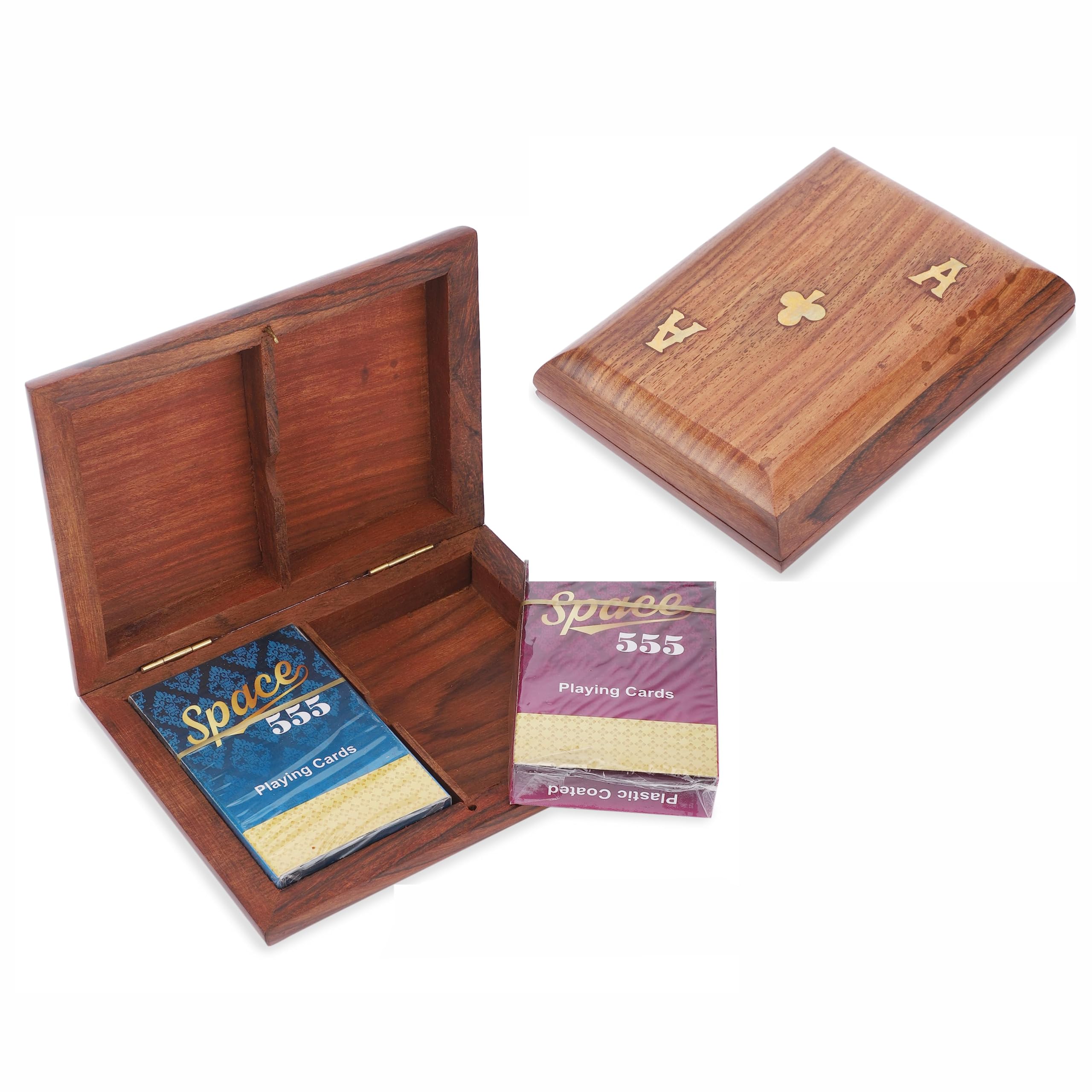 Ajuny Wooden Playing Card Case 2 Deck Set Brass Inlay Design Double Playing Card Holder Box, Decorative Storage Case Organiser with 2 Ace Card Packs, Handcrafted Elegant Gift 15 x 12 cm