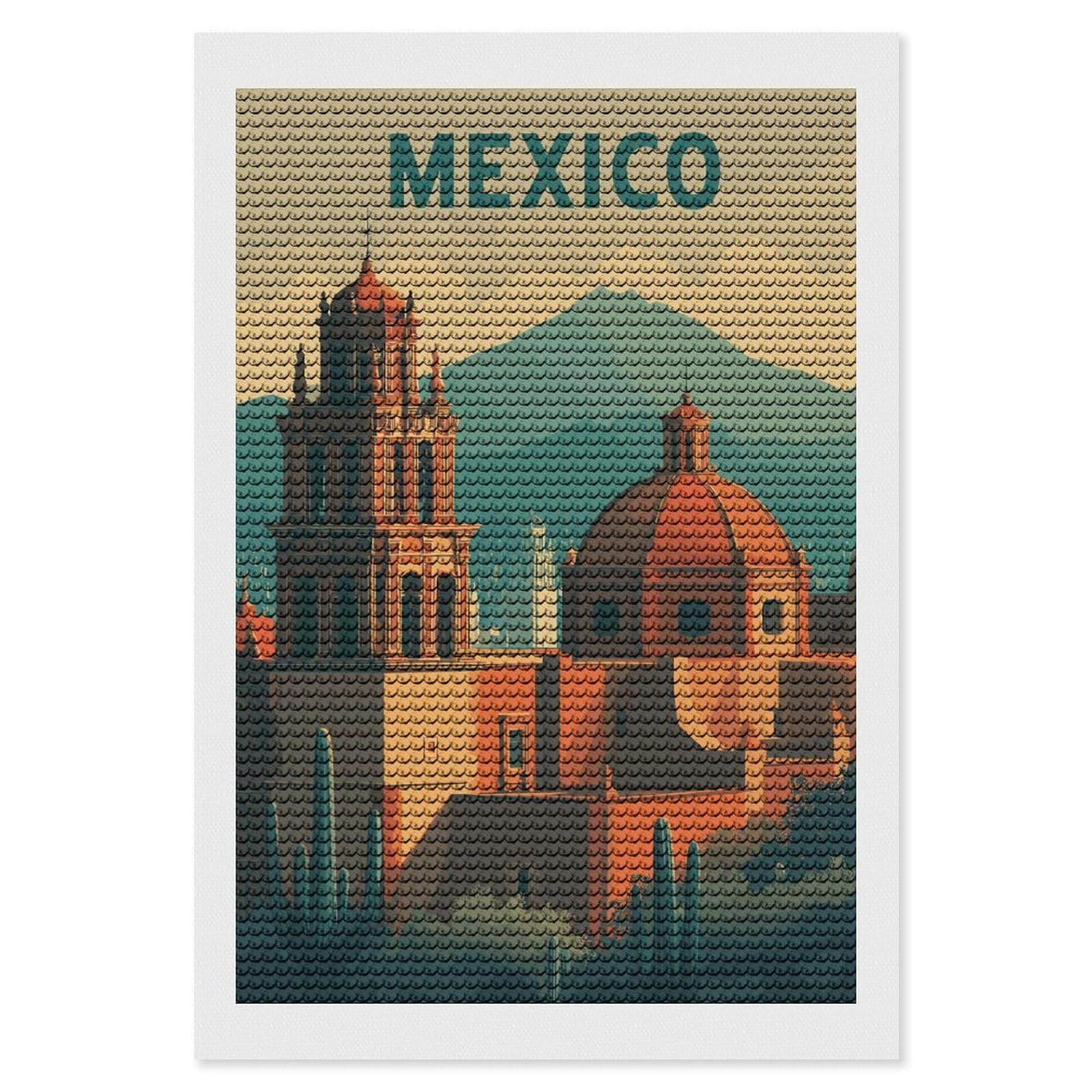Junmoney Vintage Mexico Travel Diamond Painting Set 8"x12", Full Kit Included, Sparkling Round Gems, Farmhouse Decor, Festive Craft Gift