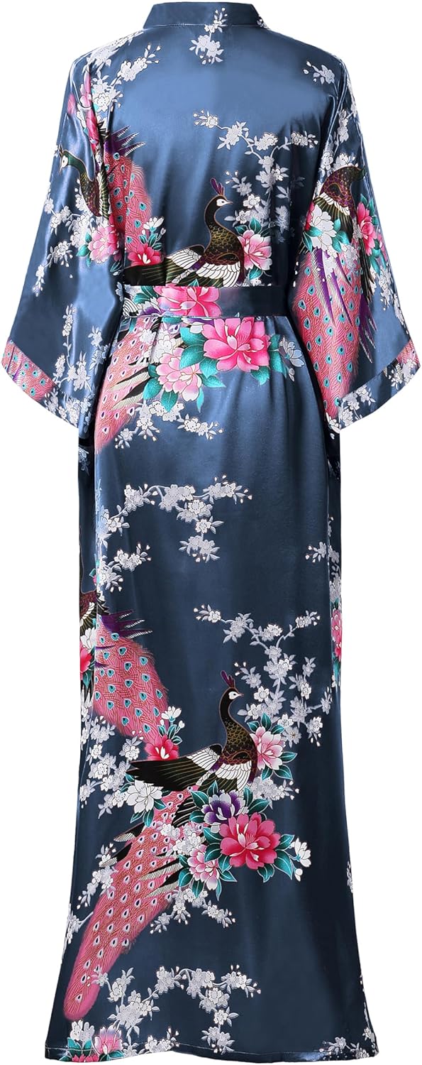 BABEYOND Women's Kimono Robe Long Satin Robes with Peacock and Blossoms Printed Kimono Nightgown - Image 2