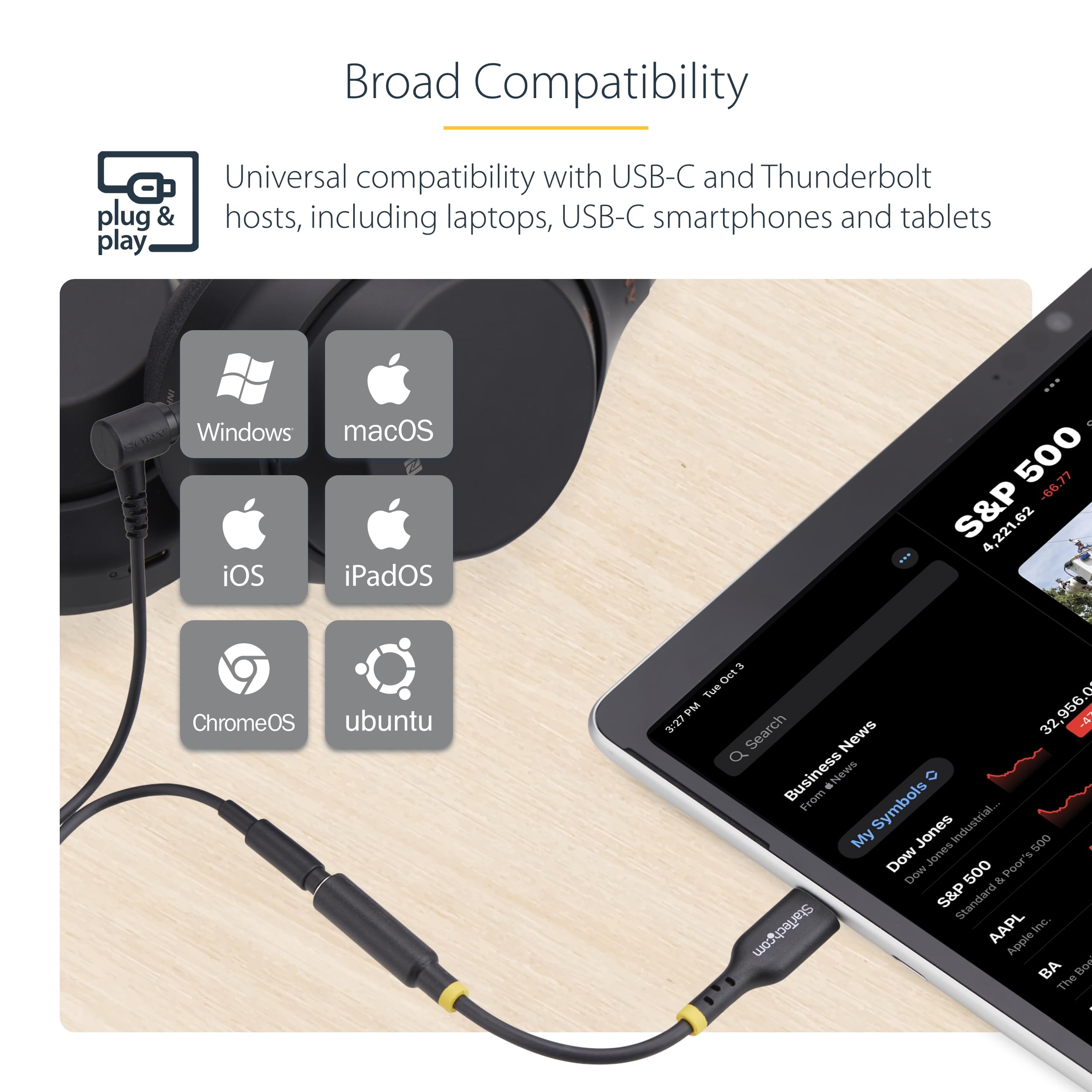 StarTech.com Adapter audio USB-C na 3,5 mm TRRS gniazdo słuchawkowe/słuchawkowe, USB typu C Aux Dongle, Hi-Fi 32-bitowy DAC, do PC/telefonu