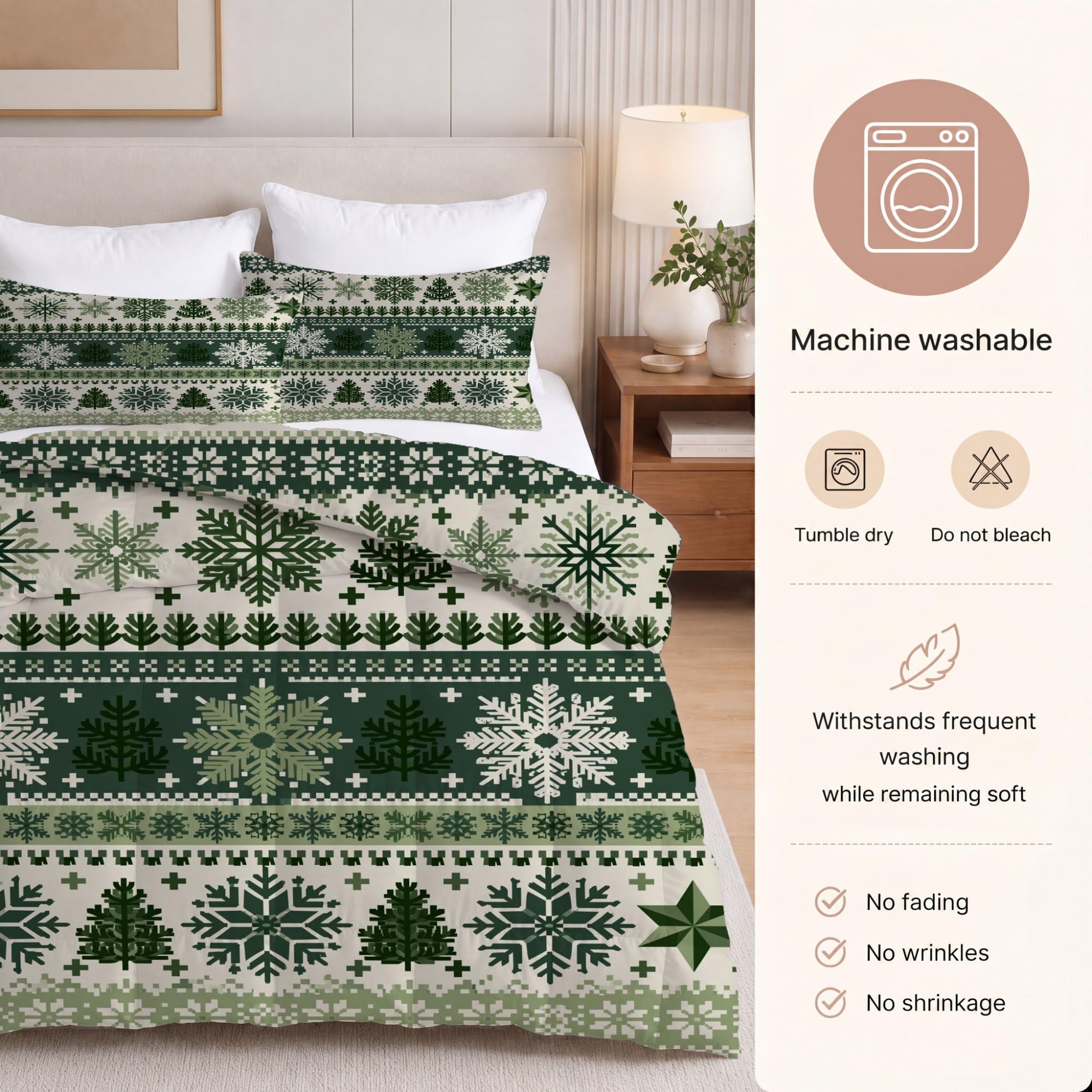 Tradycyjny świąteczny płatek śniegu, choinka, gwiazda, bez poszewki, king size (230 x 220 cm) 4,5 Tog, letnia kołdra z nadrukiem, dwustronny, lekki zestaw pościeli z 2 poszewkami na poduszki (50 x 75