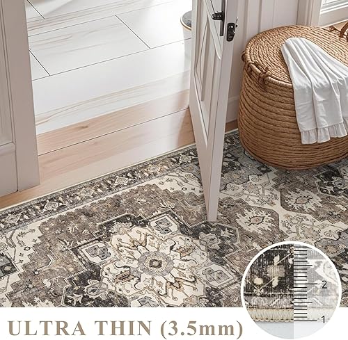 Miniatura 4 de Tapete lavable de 2 x 3 pulgadas, tapete de entrada pequeño, vintage, envejecido, oriental, antideslizante, no desprende pelusa, suave y delgado