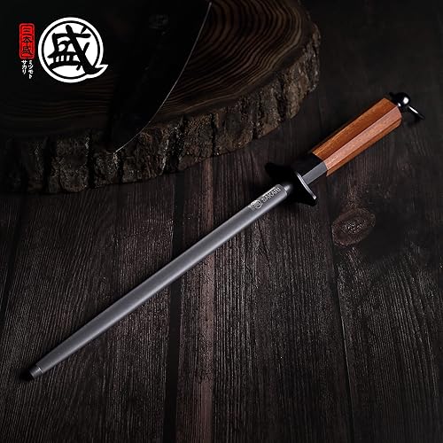 Miniatura 7 de MITSUMOTO SAKARI Varilla de afilar cuchillos japonesa de 10 pulgadas, afilador de cuchillos de cocina profesional, acero redondo japonés de alto