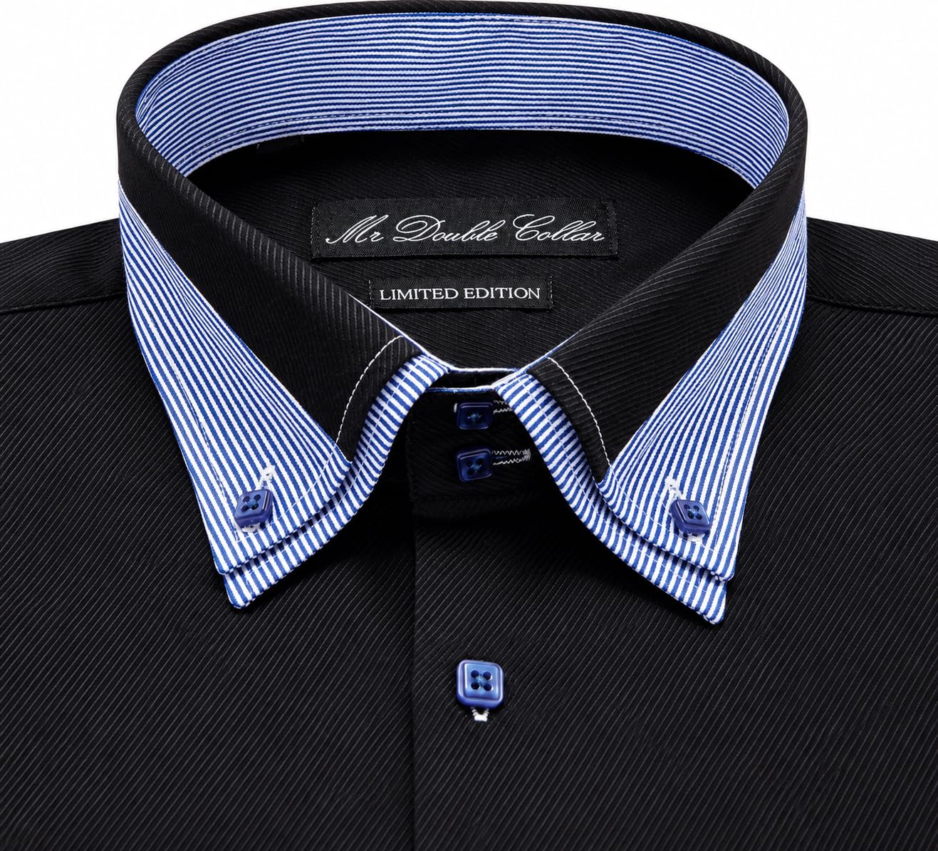 Camicia a maniche lunghe da uomo, design italiano, colore nero con bottoni blu, doppio colletto, elegante, casual, formale, a maniche lunghe