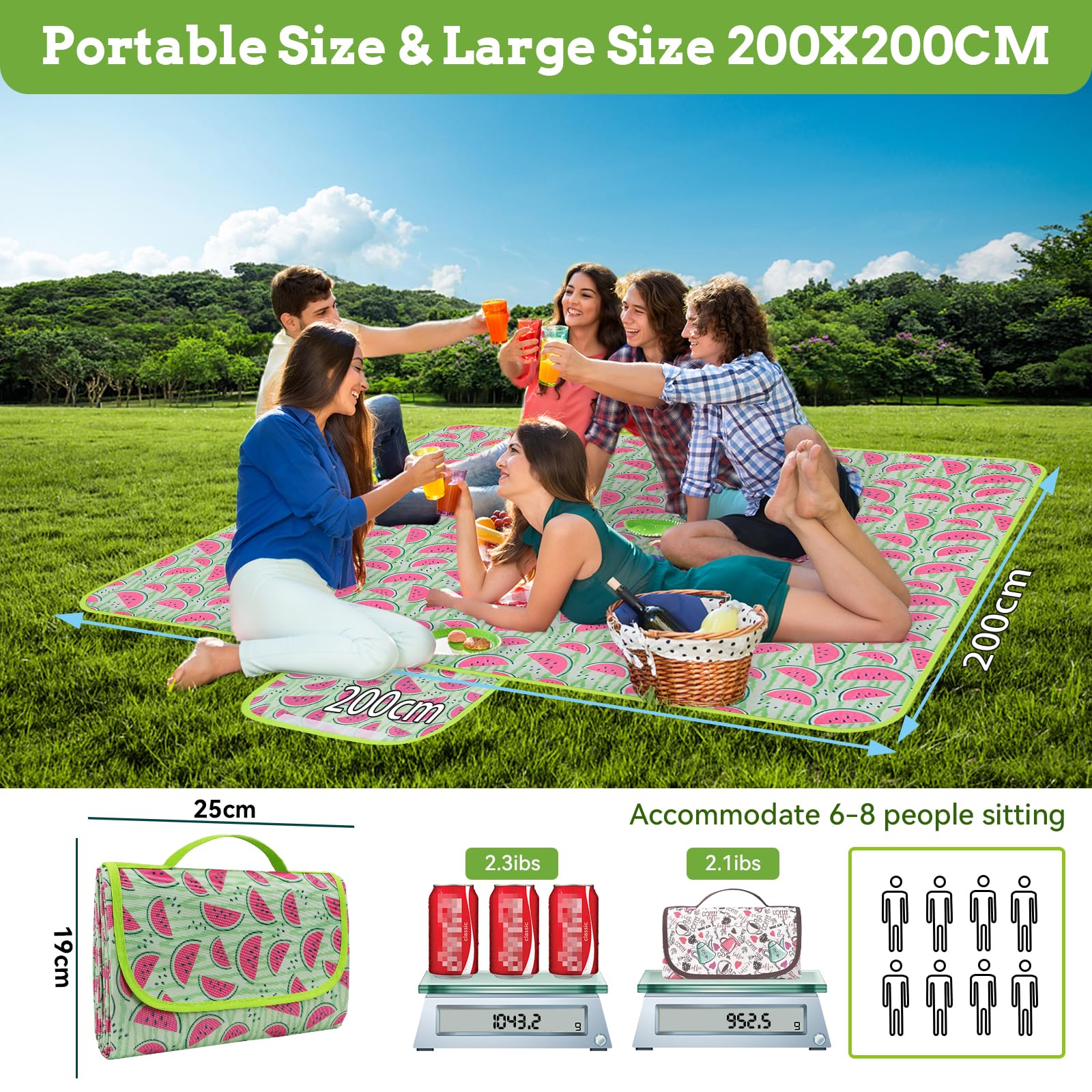 Ninonly Manta Picnic Impermeable 200X200cm Manta para Picnic de Camping Grande Tapete de Picnic Plegable con Asa Portátil para Playa, Barbacoa, Viajes, Camping Patrón de Sandía